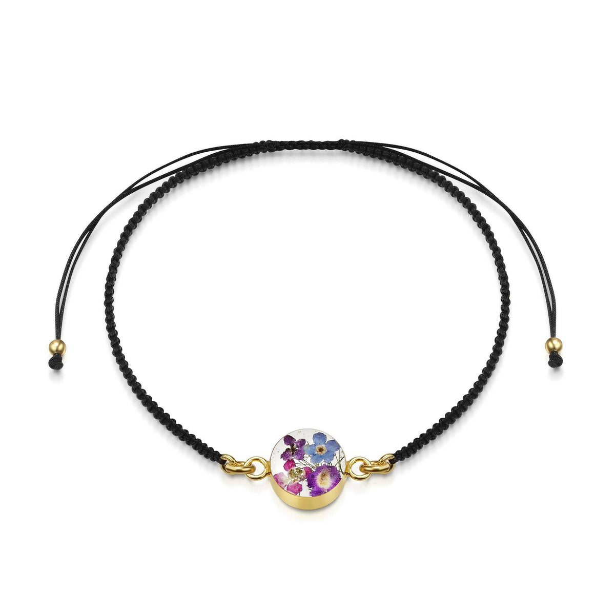 Flower bracelet | Black woven bracelet with gold-plated flower charm.