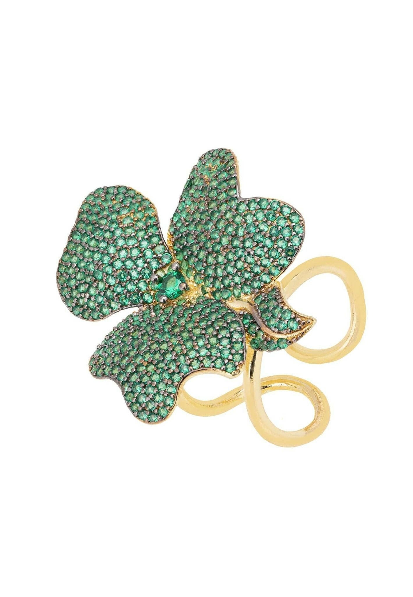 Flower Cocktail Ring Gold Emerald Green.