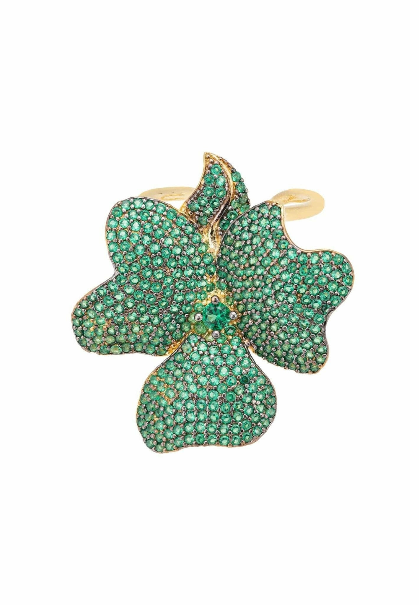 Flower Cocktail Ring Gold Emerald Green.