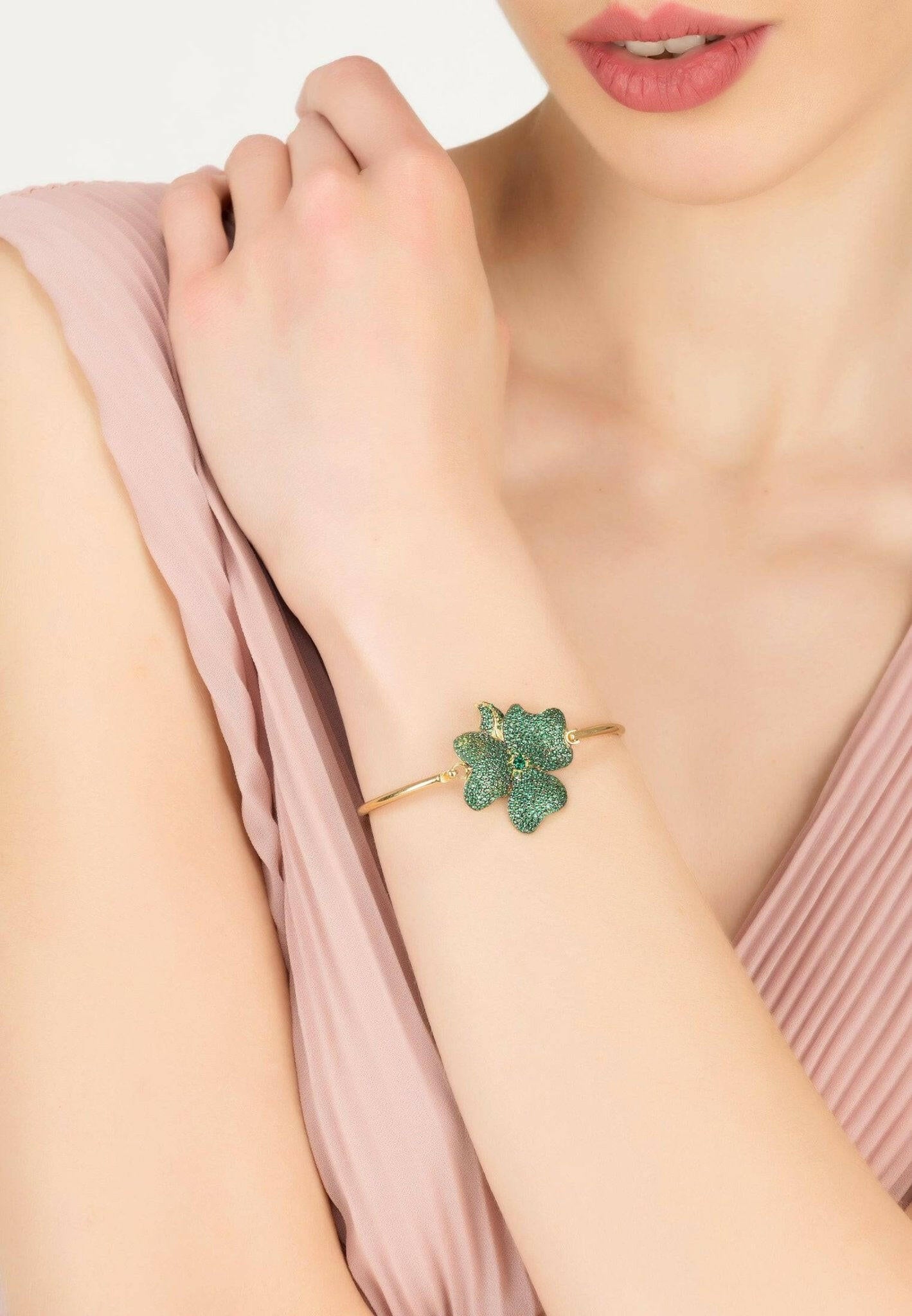 Flower Large Statement Cuff Bracelet Gold Emerald Green.