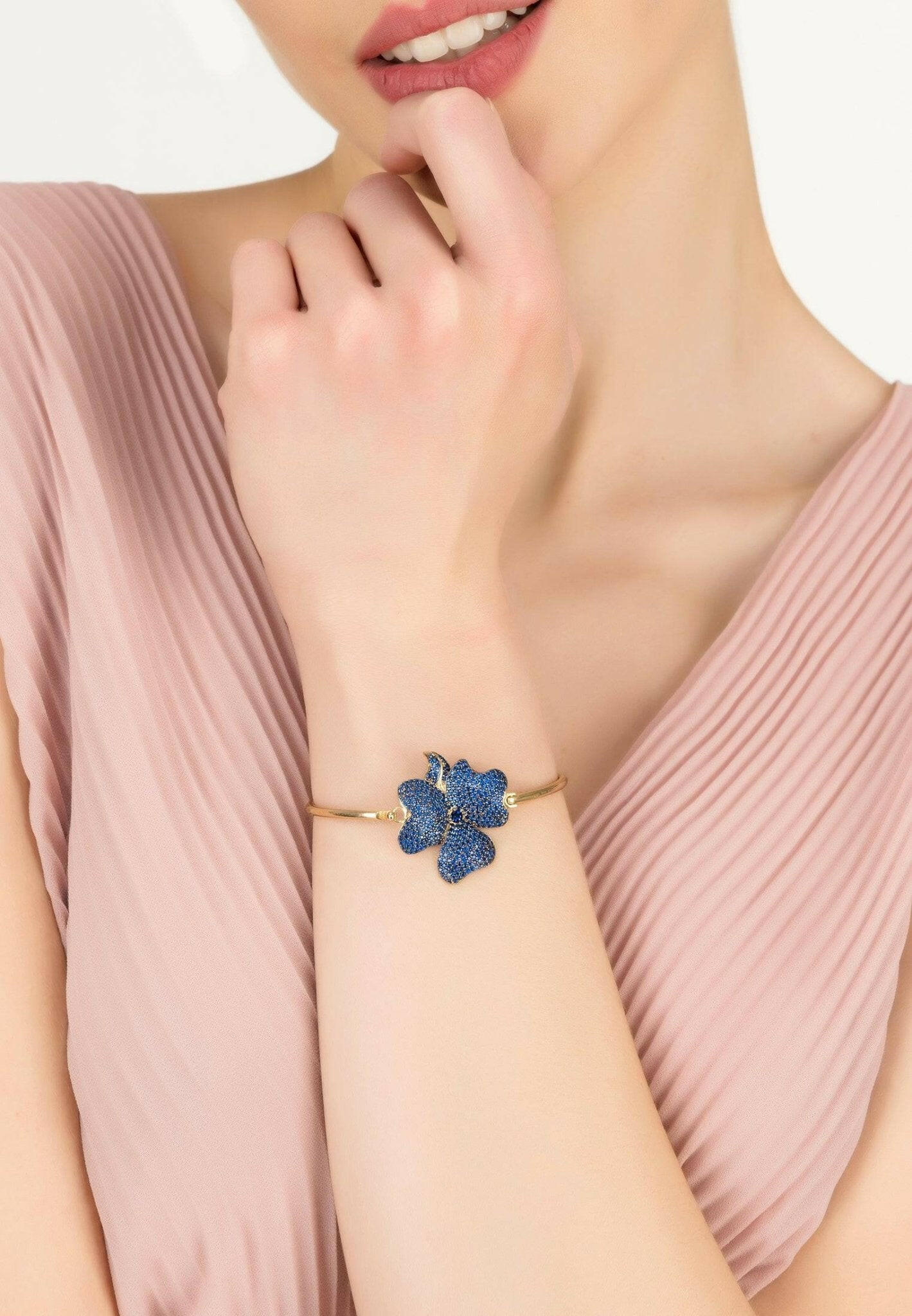 Flower Large Statement Cuff Bracelet Gold Sapphire Blue.