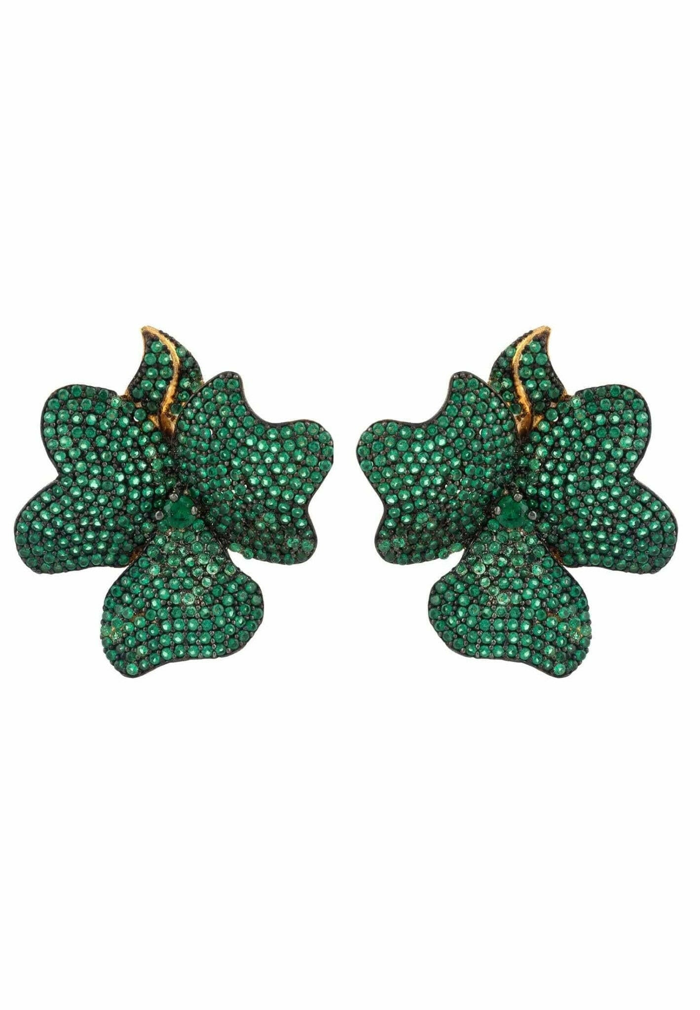 Flower Large Stud Earrings Gold Emerald Green.