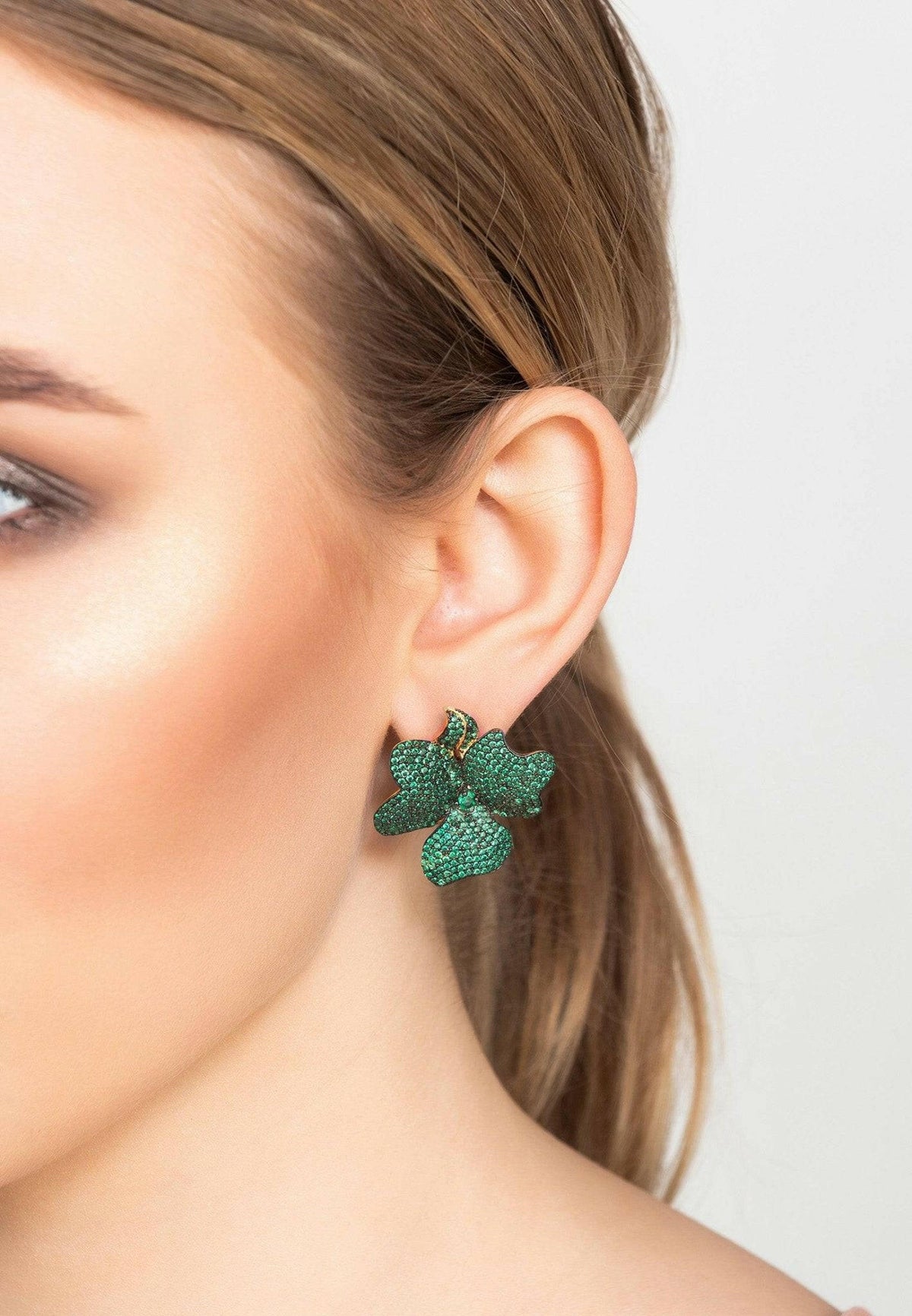 Flower Large Stud Earrings Gold Emerald Green.