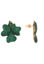 Flower Large Stud Earrings Gold Emerald Green.