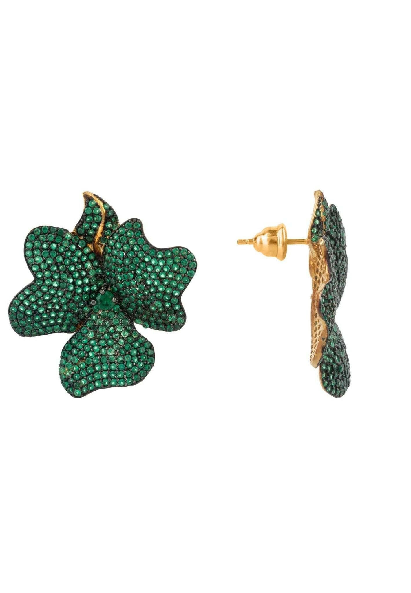 Flower Large Stud Earrings Gold Emerald Green.