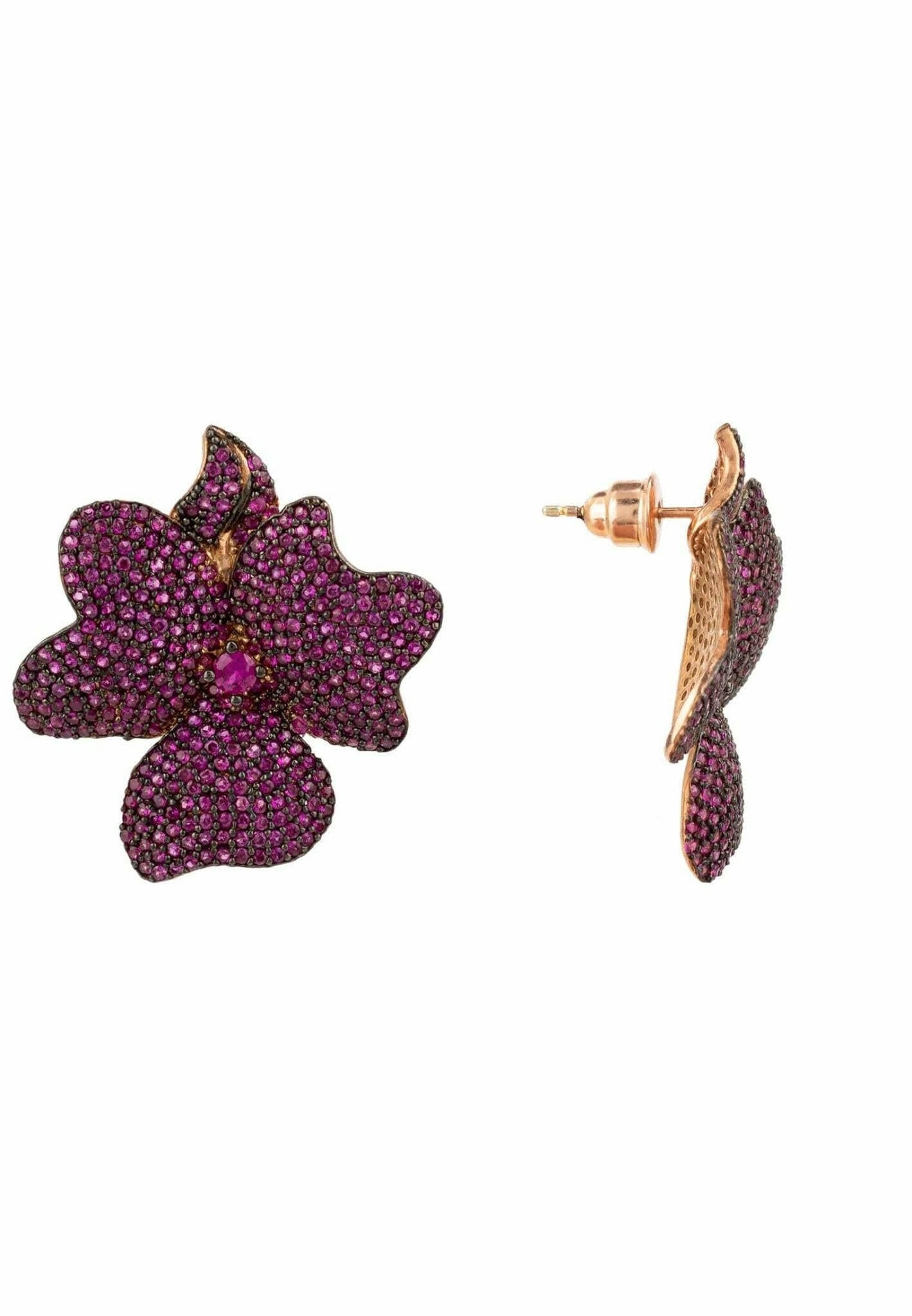 Flower Large Stud Earrings Ruby Rose Gold.