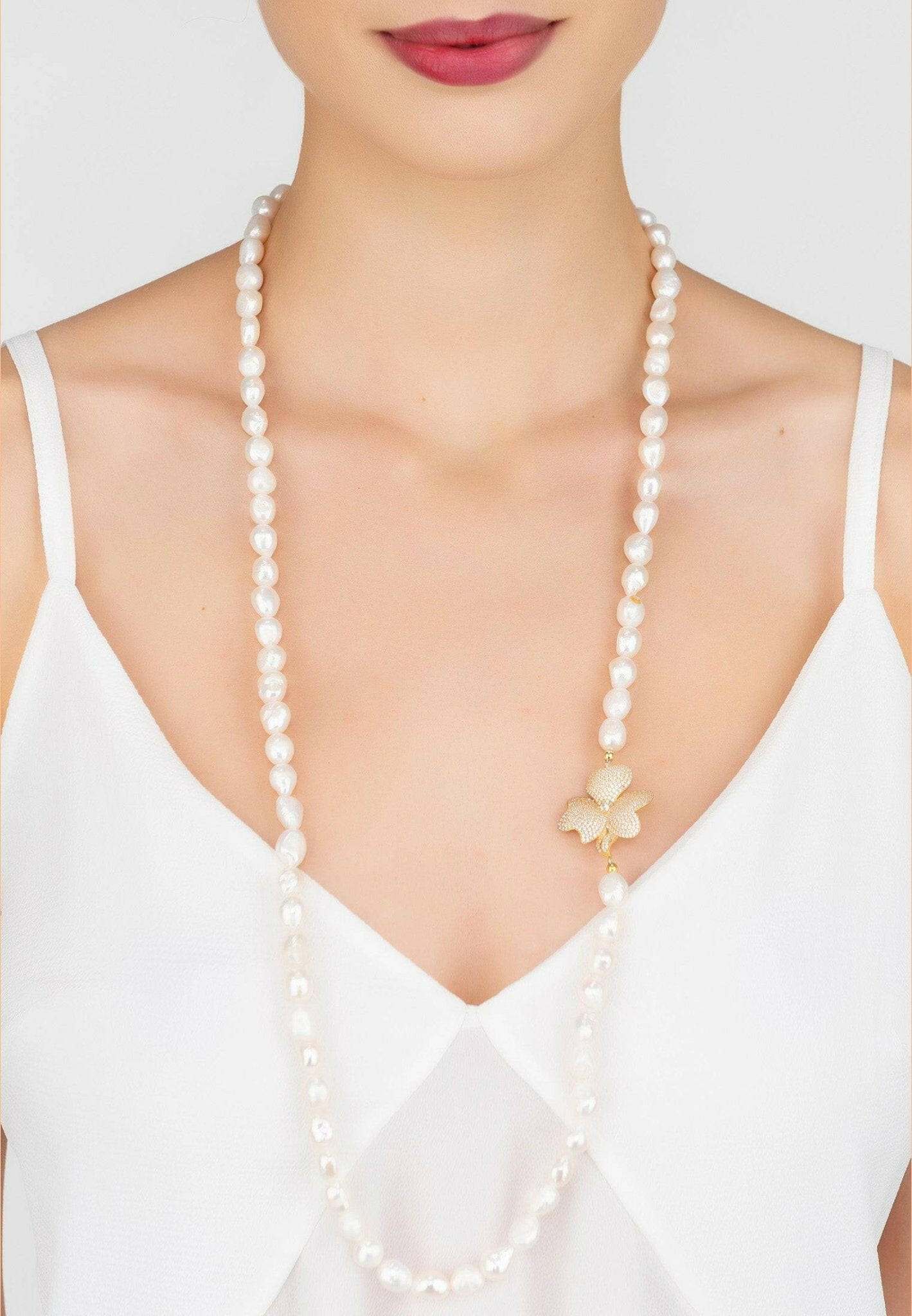 Flower Pearl Gemstone Long Necklace White Cz Gold.