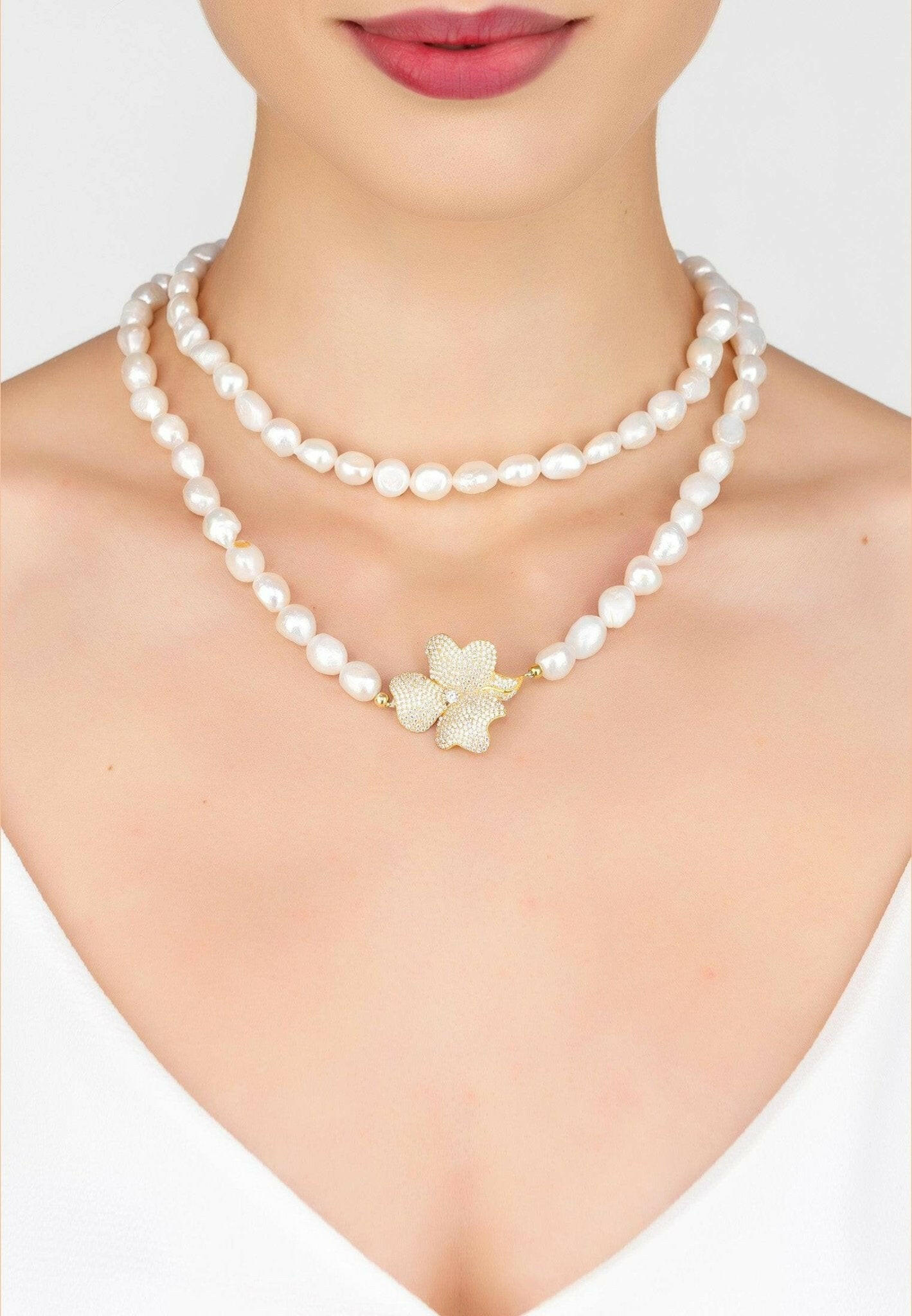 Flower Pearl Gemstone Long Necklace White Cz Gold.