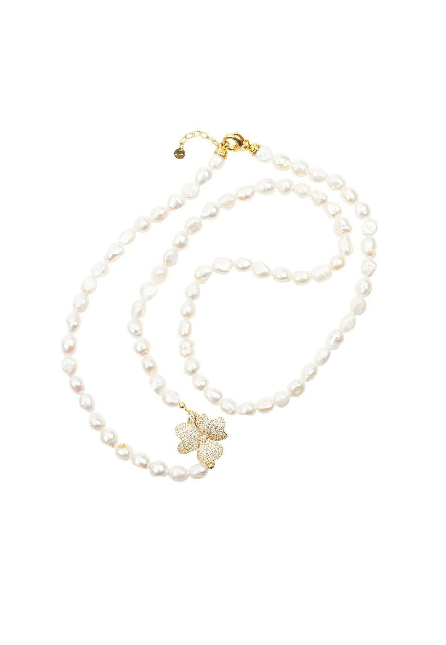 Flower Pearl Gemstone Long Necklace White Cz Gold.