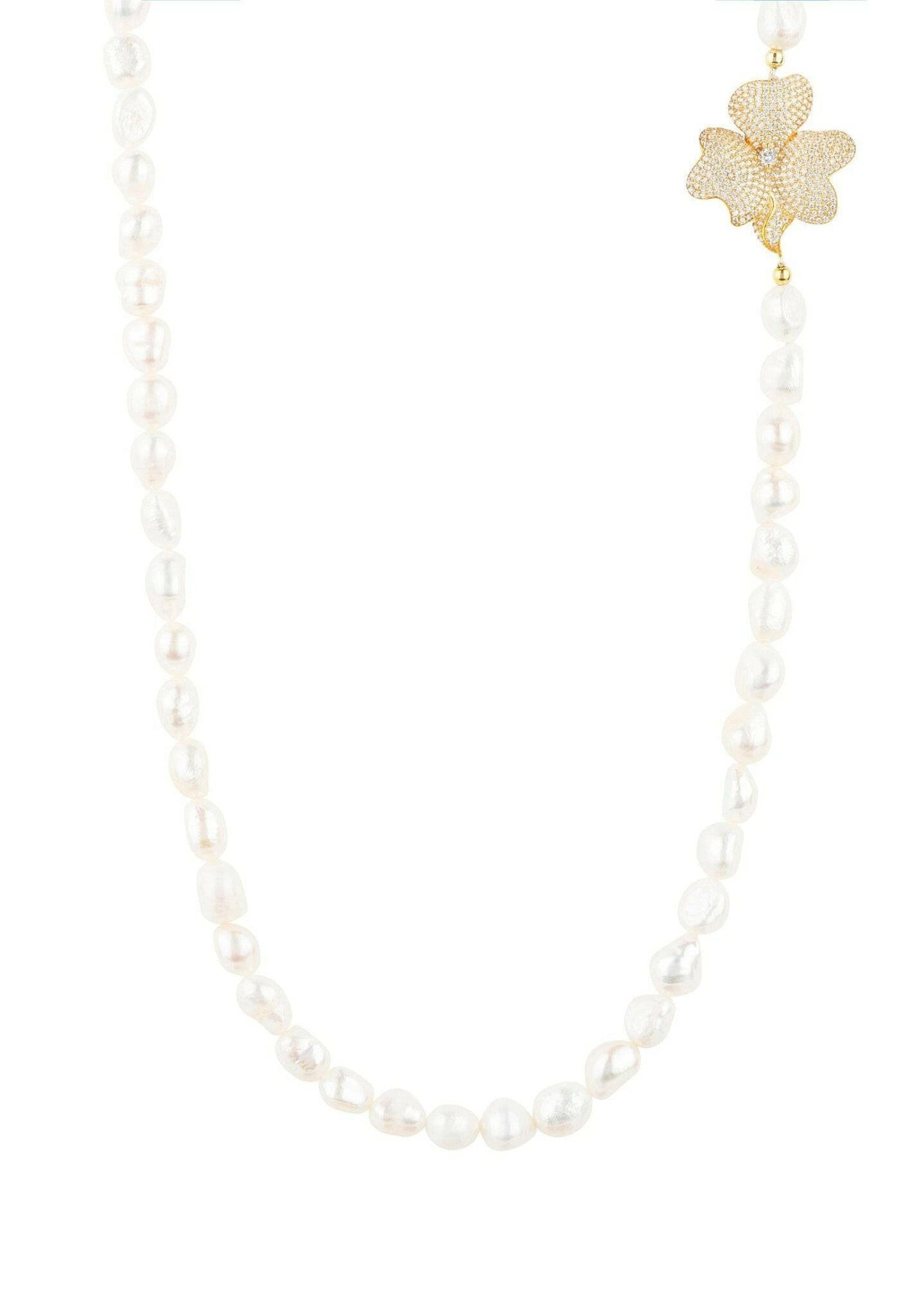 Flower Pearl Gemstone Long Necklace White Cz Gold.