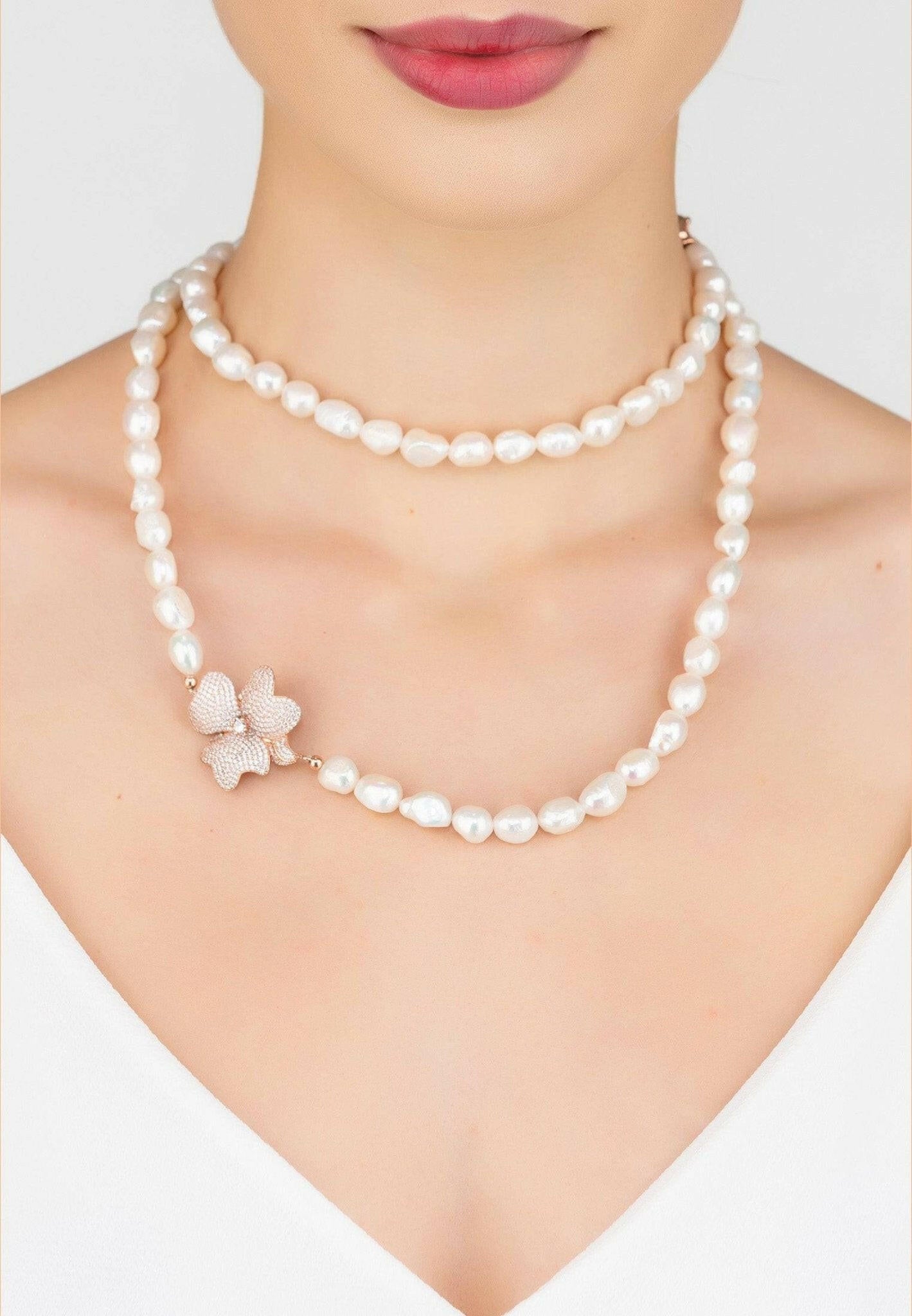 Flower Pearl Gemstone Long Necklace White Cz Rosegold.