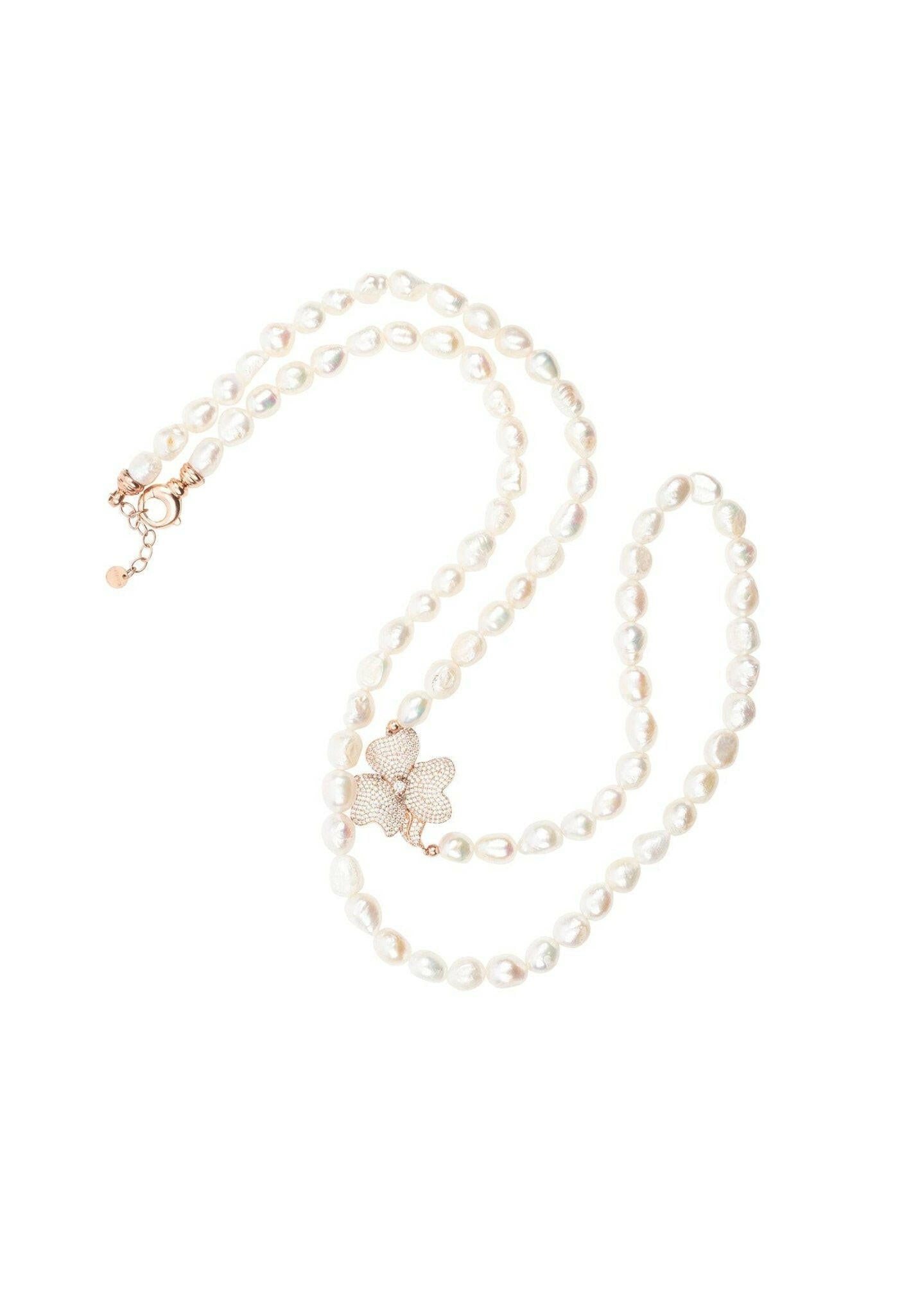 Flower Pearl Gemstone Long Necklace White Cz Rosegold.