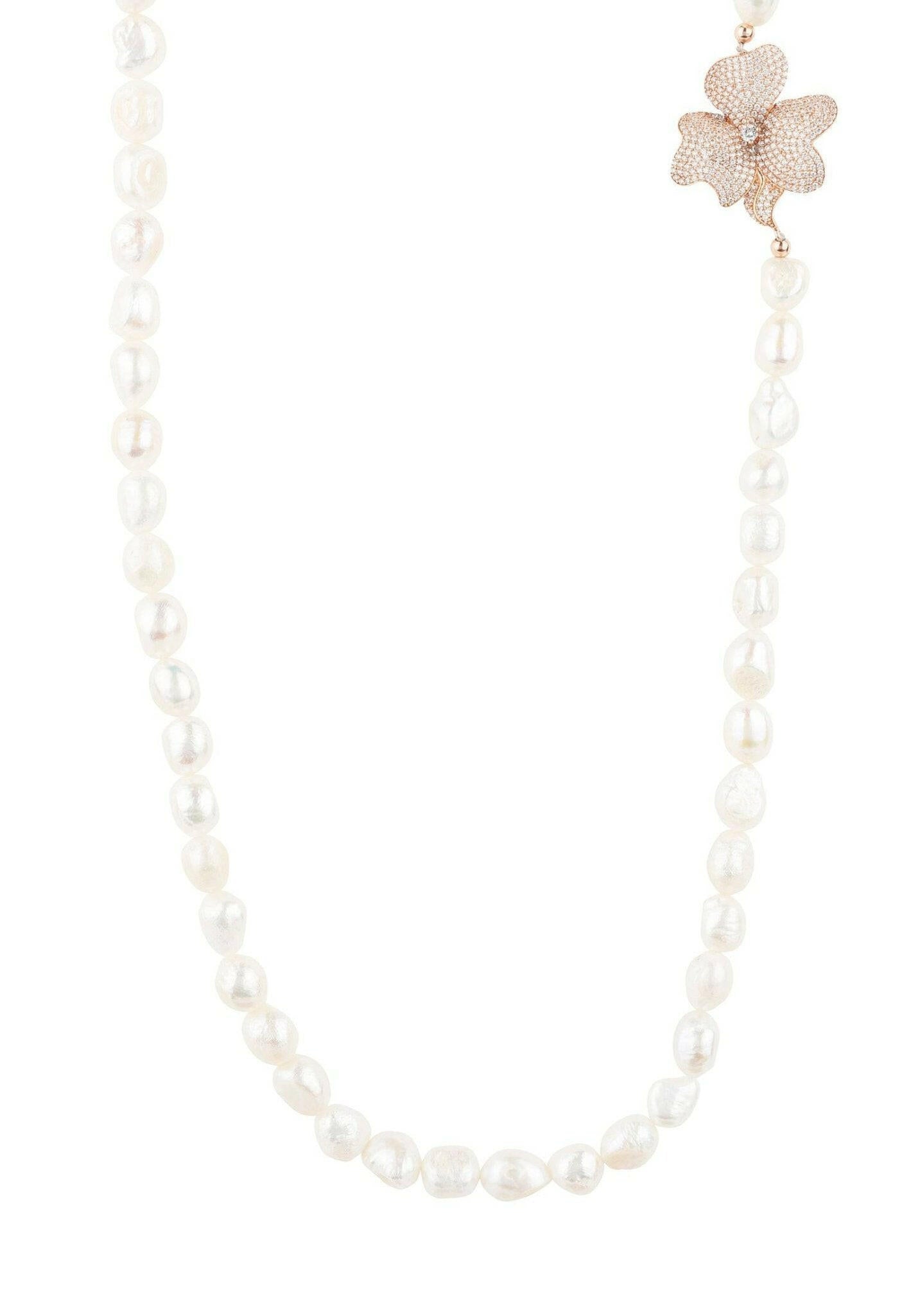 Flower Pearl Gemstone Long Necklace White Cz Rosegold.