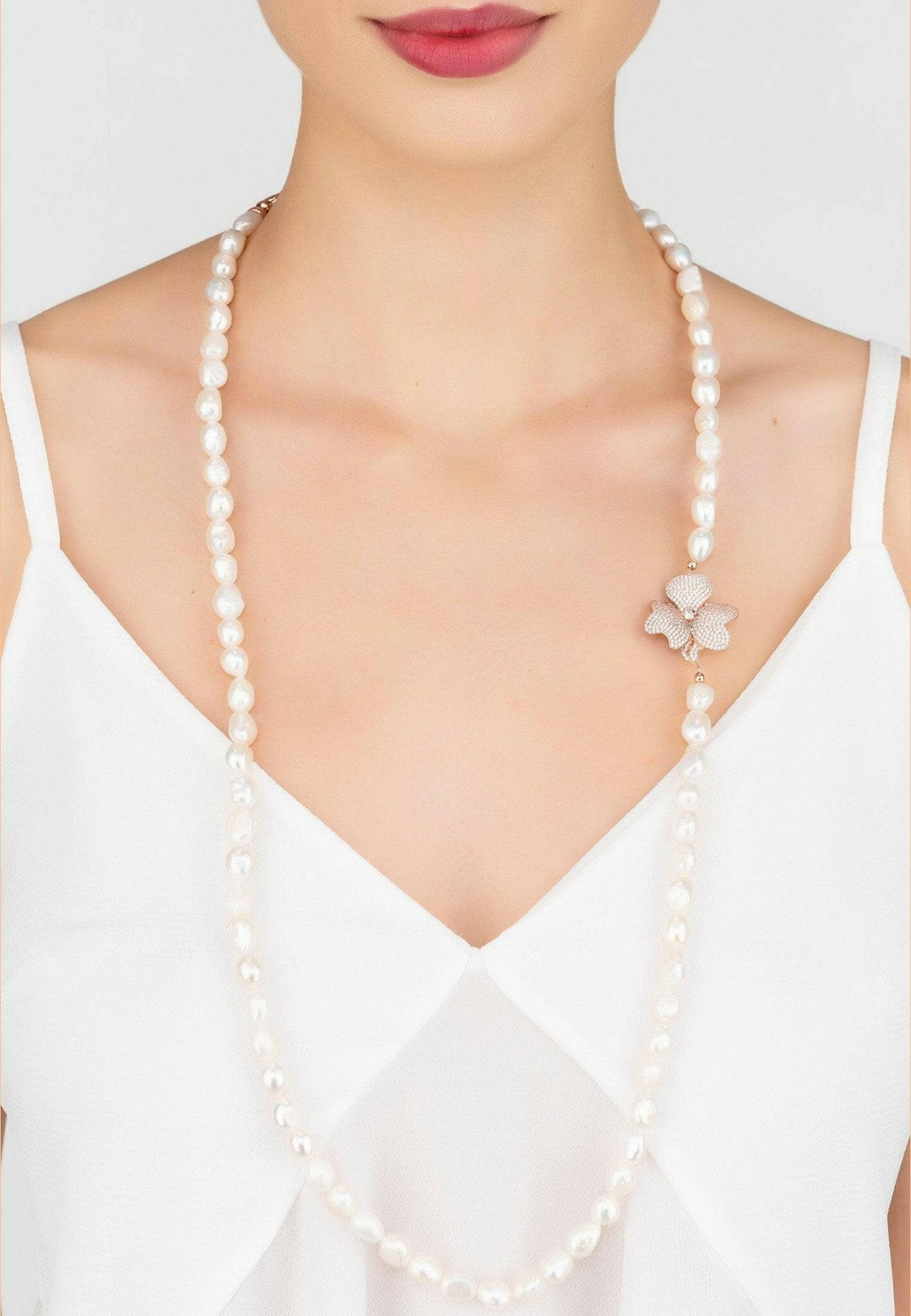 Flower Pearl Gemstone Long Necklace White Cz Rosegold.