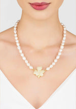 Flower Pearl Mid Length Necklace White Cz Gold.