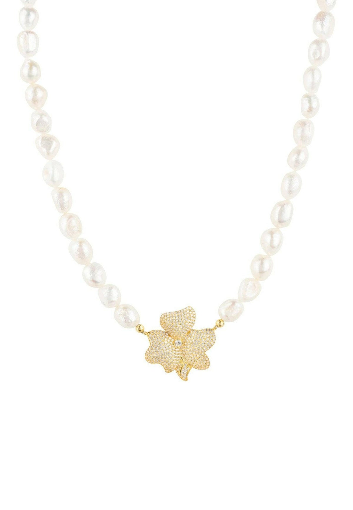 Flower Pearl Mid Length Necklace White Cz Gold.