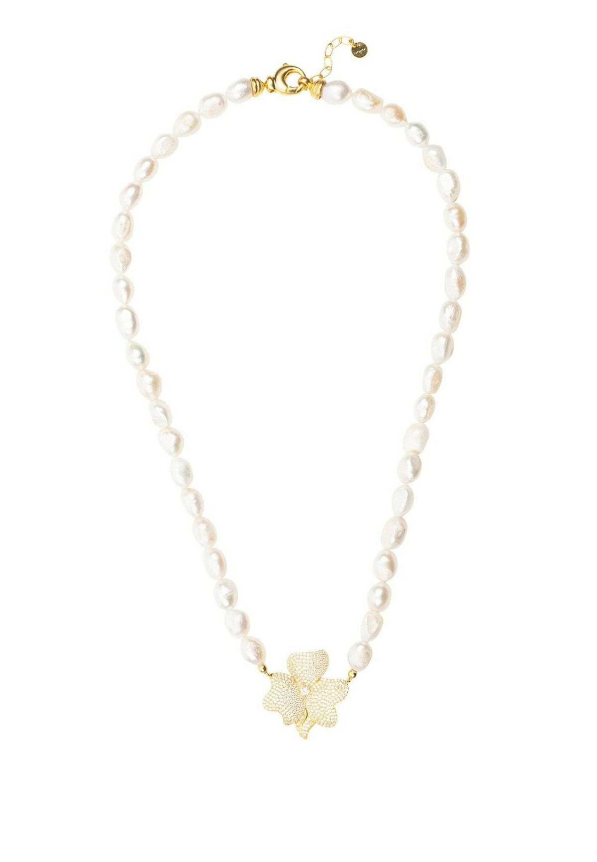 Flower Pearl Mid Length Necklace White Cz Gold.