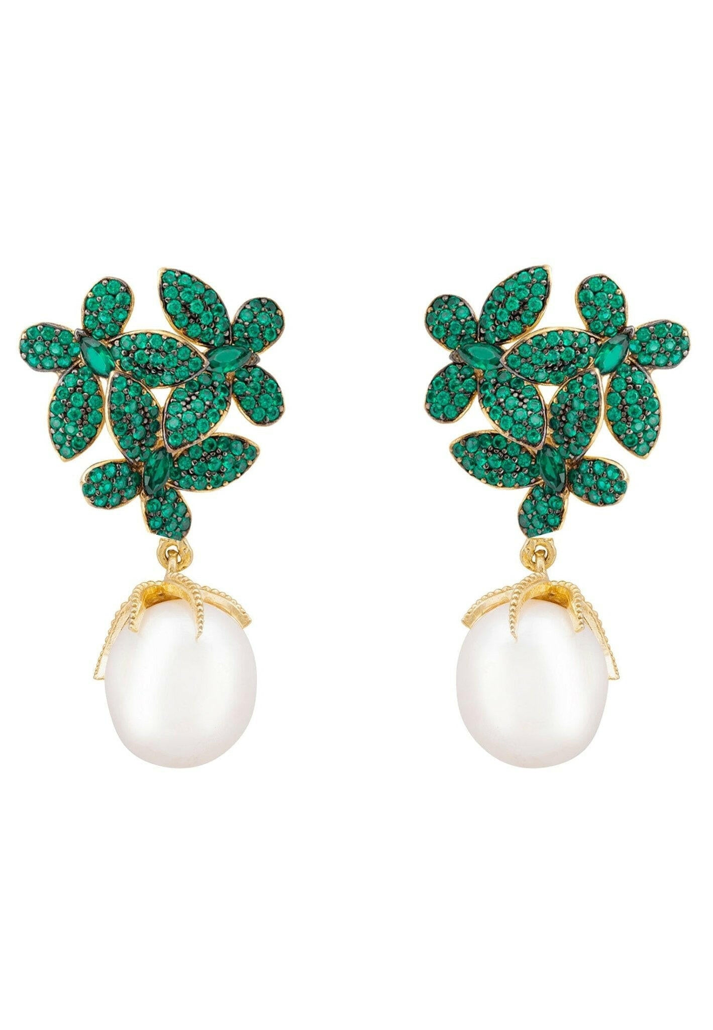 Flowers Pearl Earrings Emerald Green Gold.