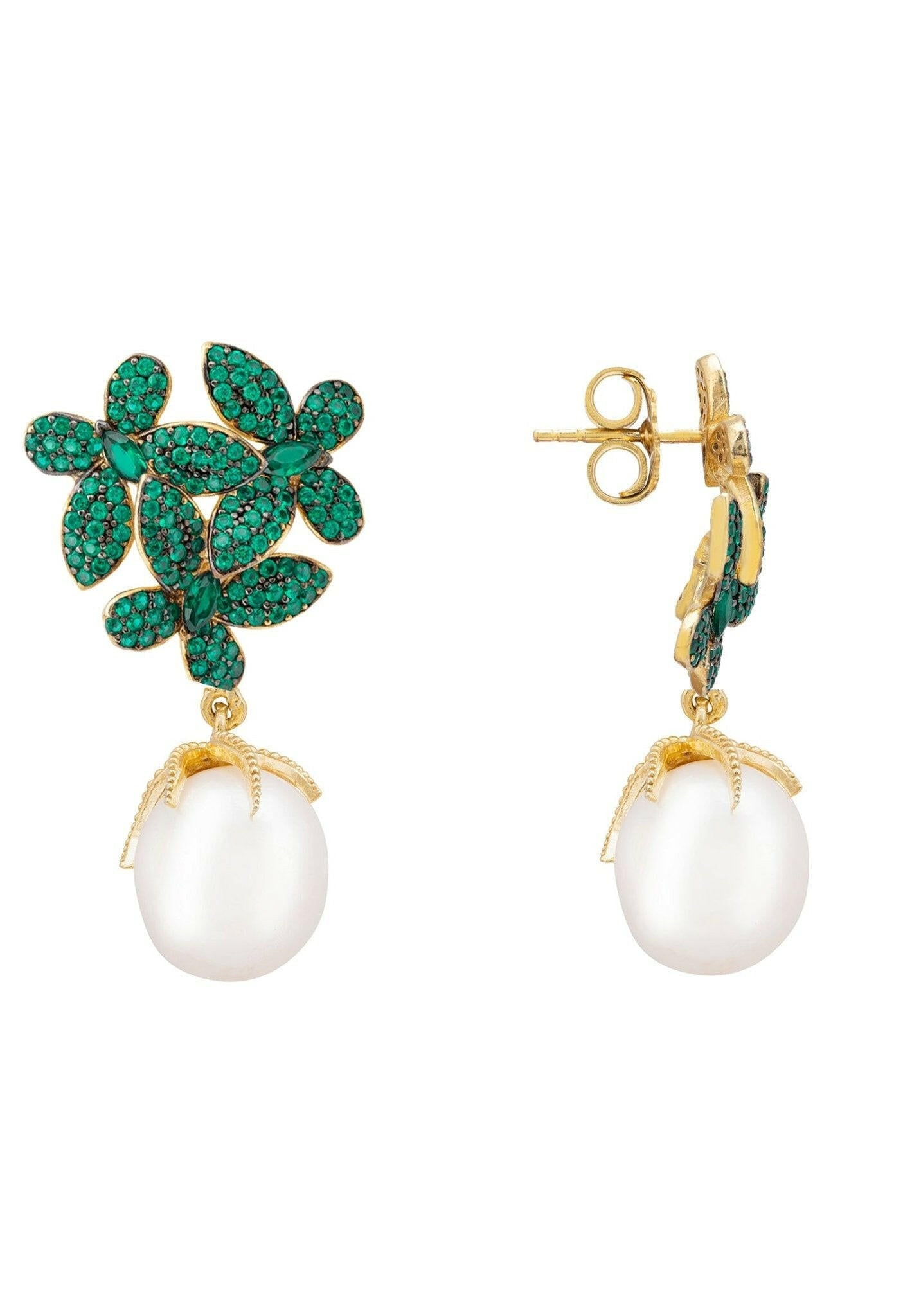 Flowers Pearl Earrings Emerald Green Gold.