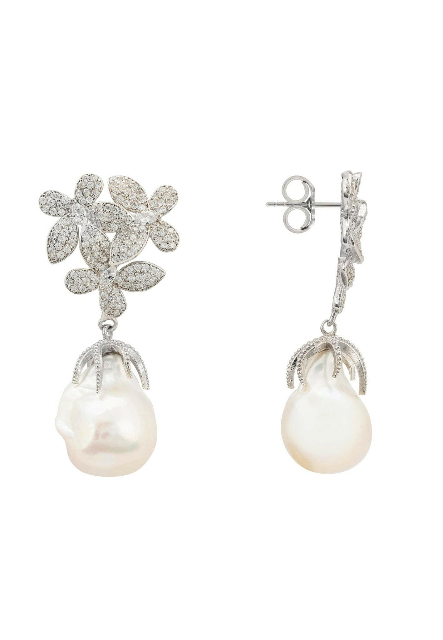 Flowers Pearl Earrings Silver White.