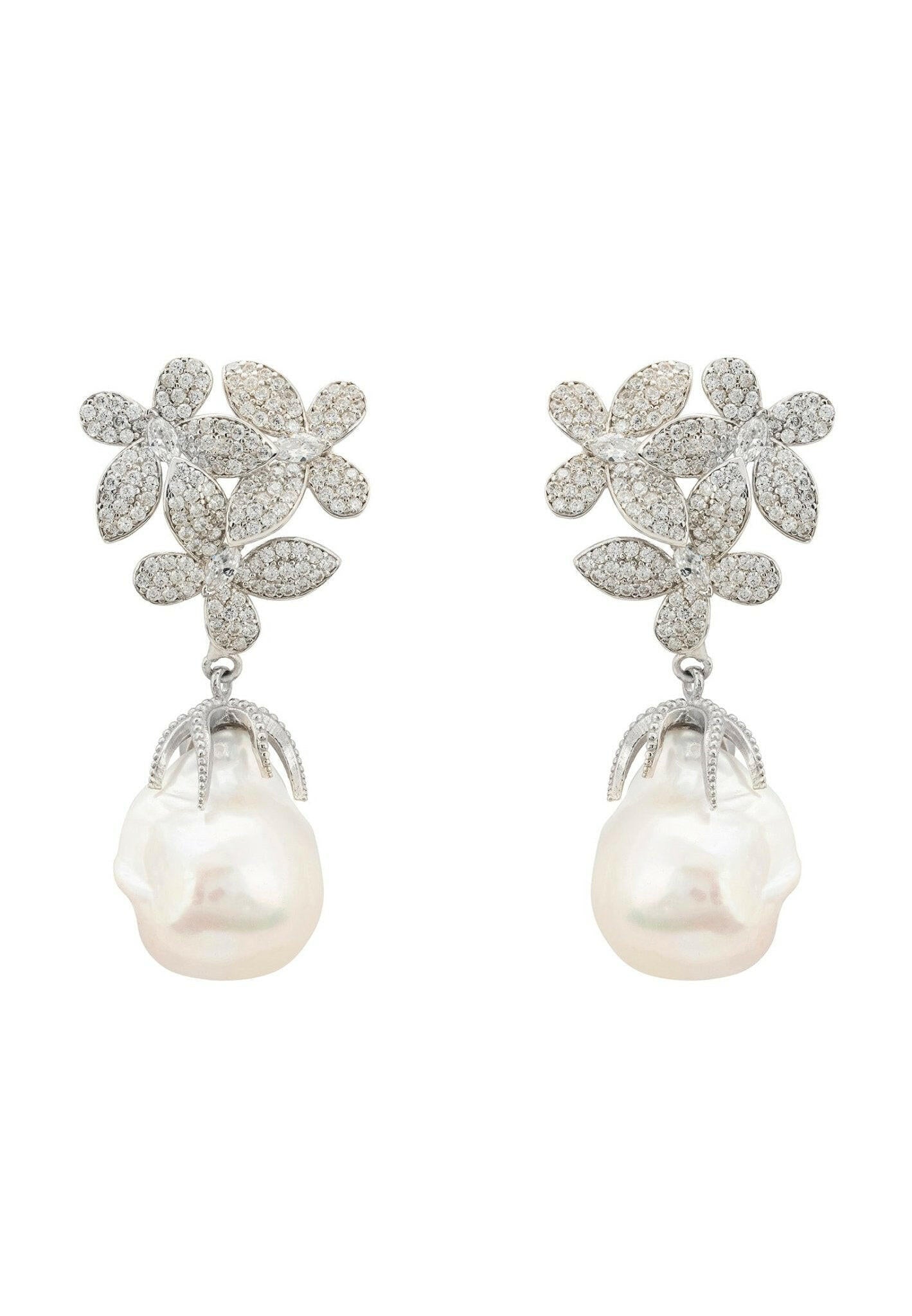 Flowers Pearl Earrings Silver White.