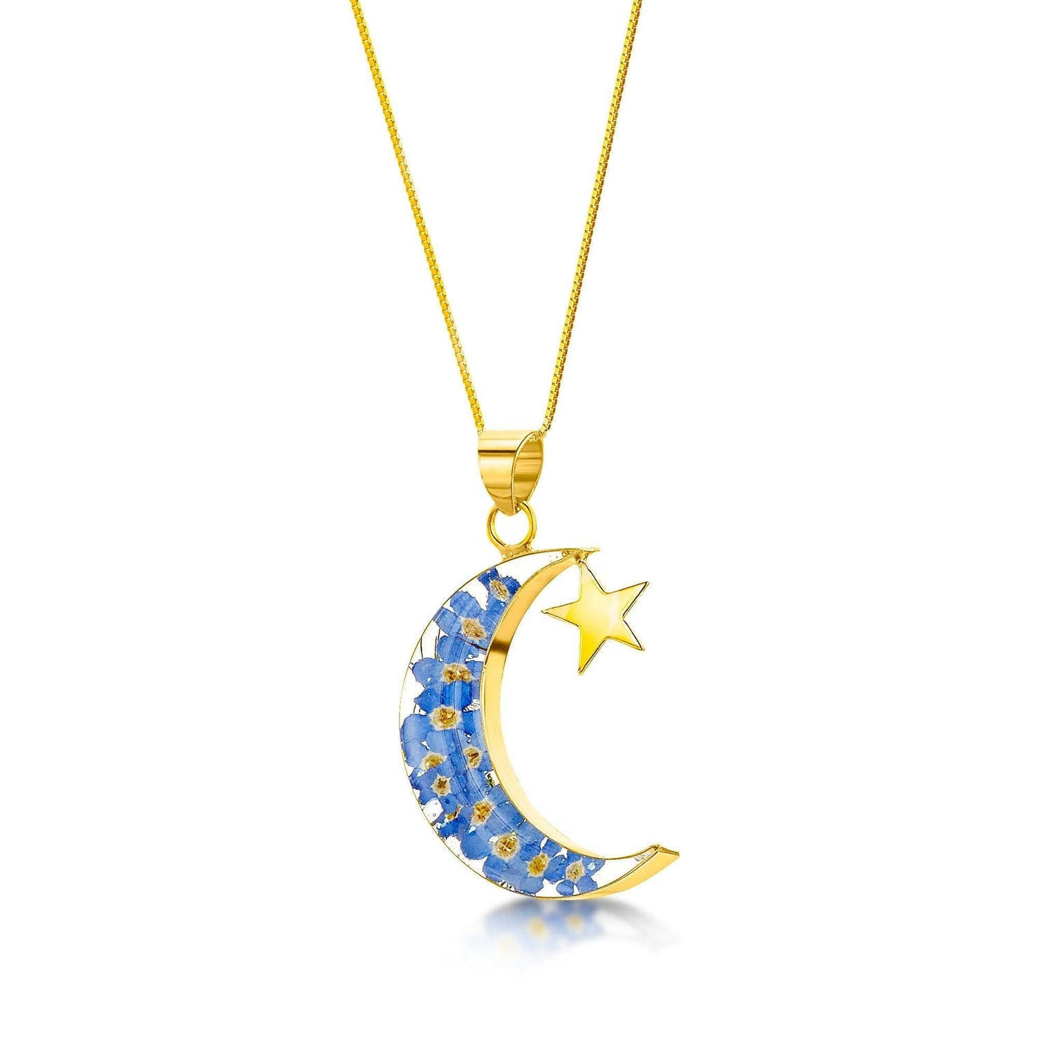 Gold-Plated Sterling Silver Moon & Star Pendant with Forget-Me-Nots -.