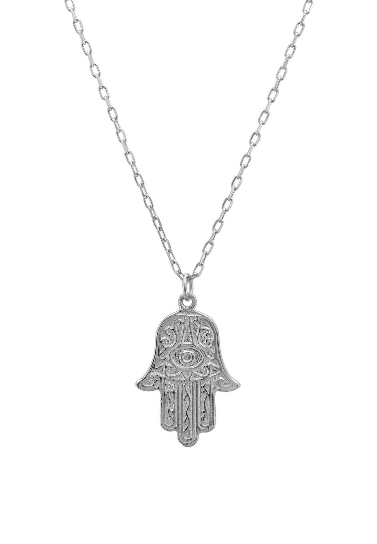 Hamsa Evil Eye Embossed Pendant Necklace Silver.