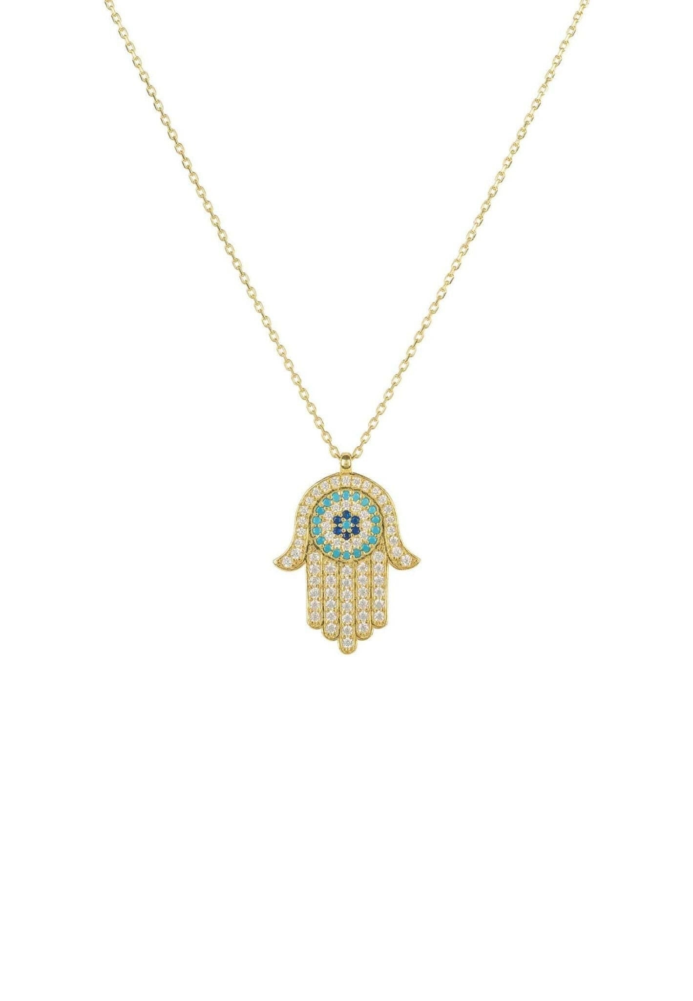 Hamsa Hand With Evil Eye Pendant Necklace Gold.