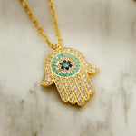 Hamsa Hand With Evil Eye Pendant Necklace Gold.