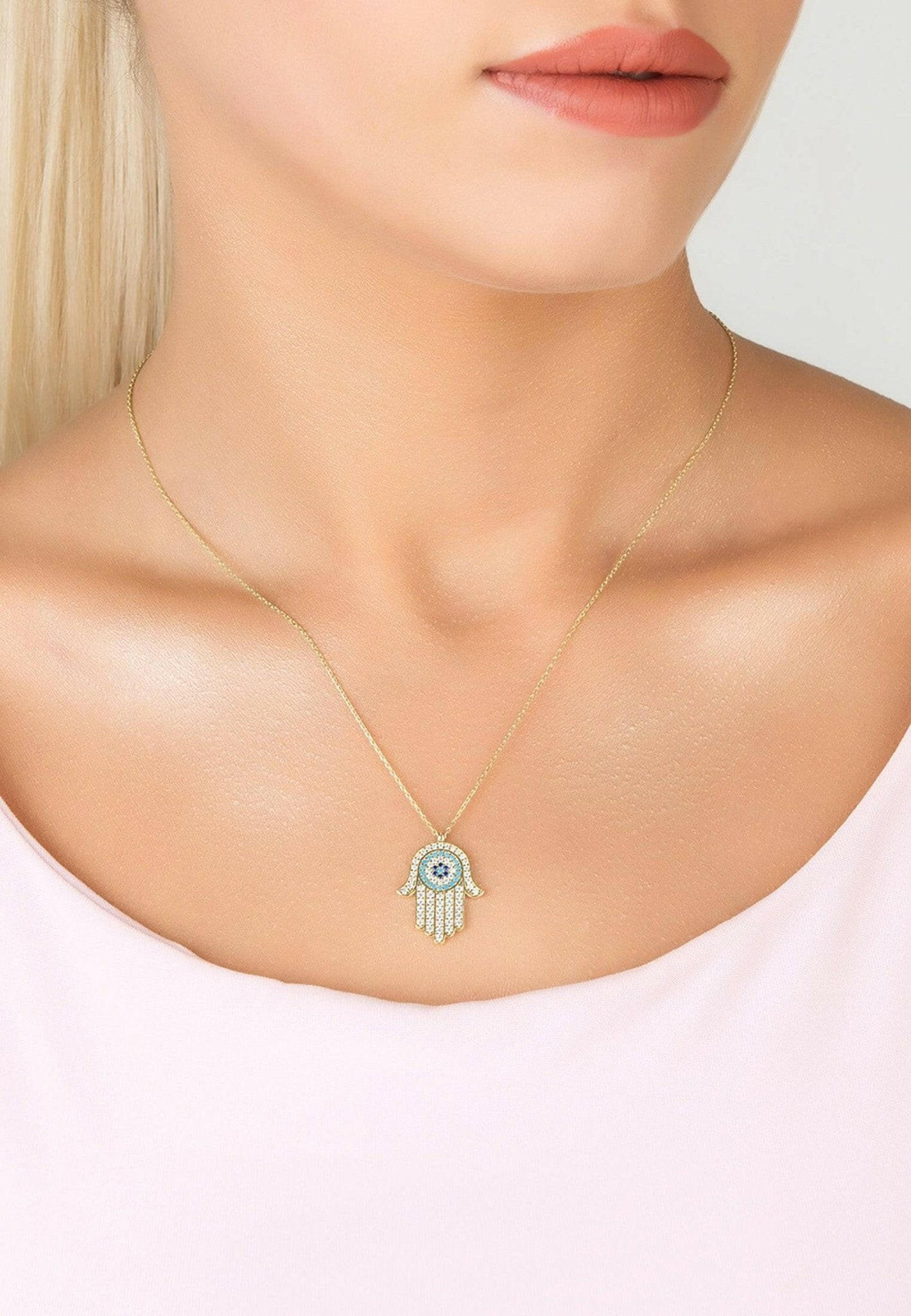 Hamsa Hand With Evil Eye Pendant Necklace Gold.