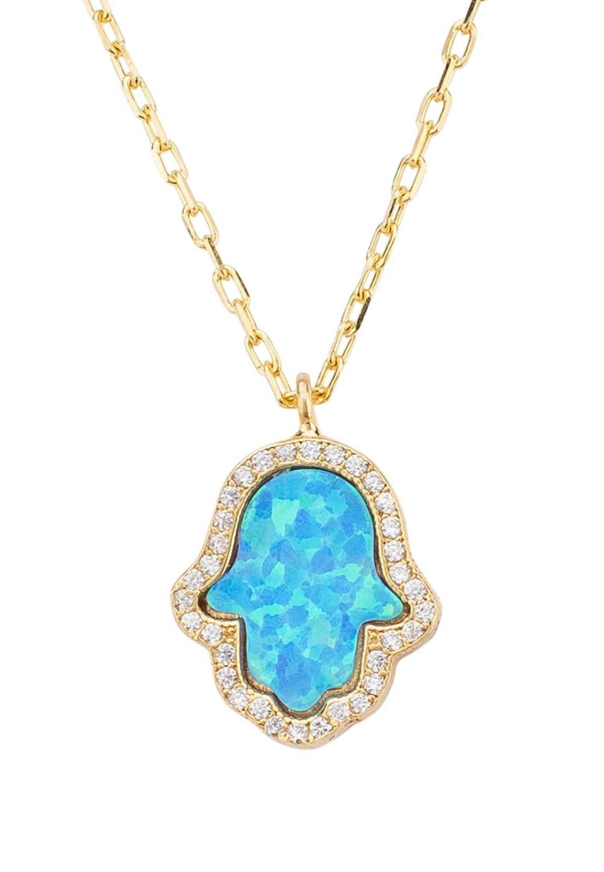 Hamsa Opalite Turquoise Blue Necklace Gold.