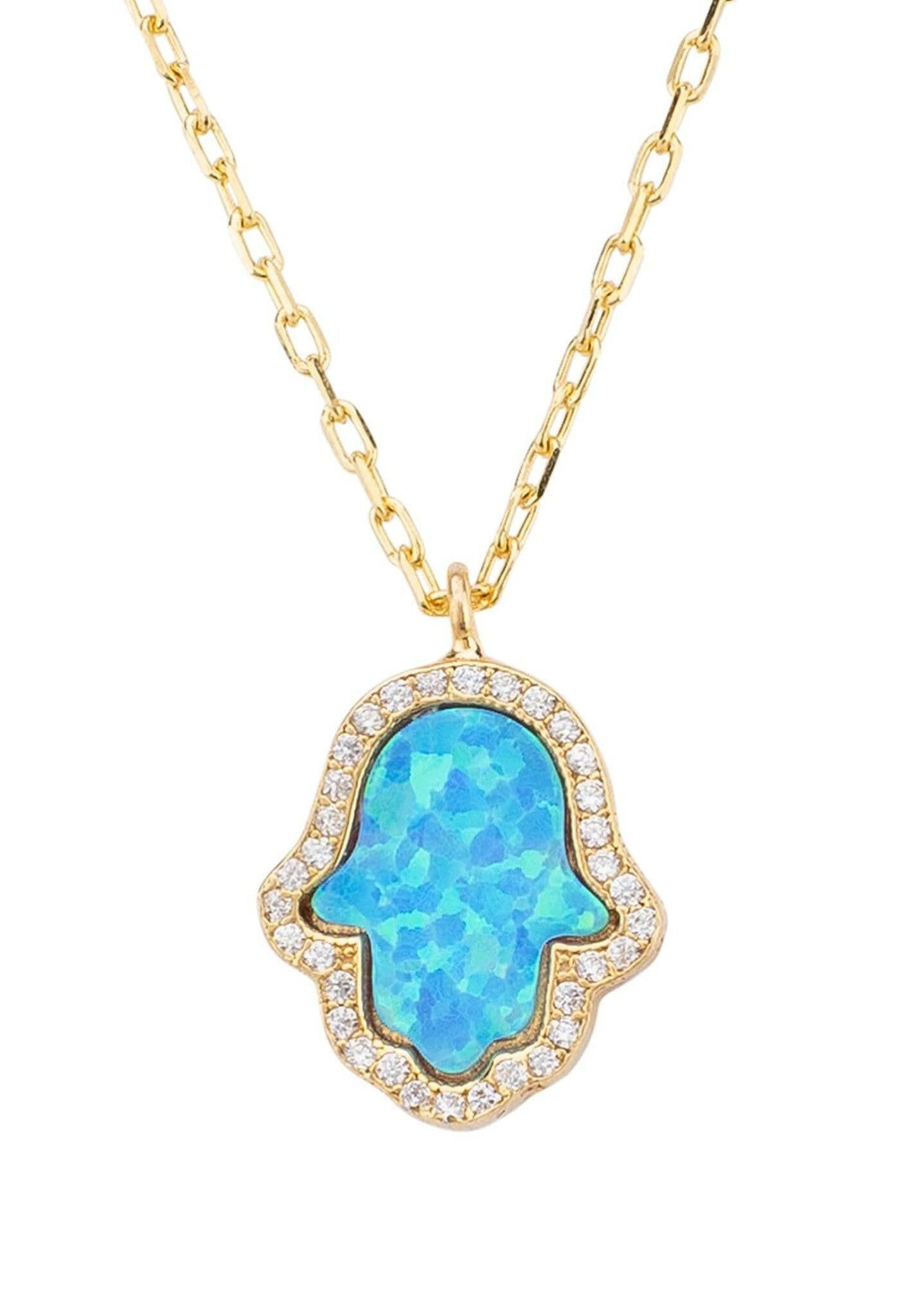 Hamsa Opalite Turquoise Blue Necklace Gold.