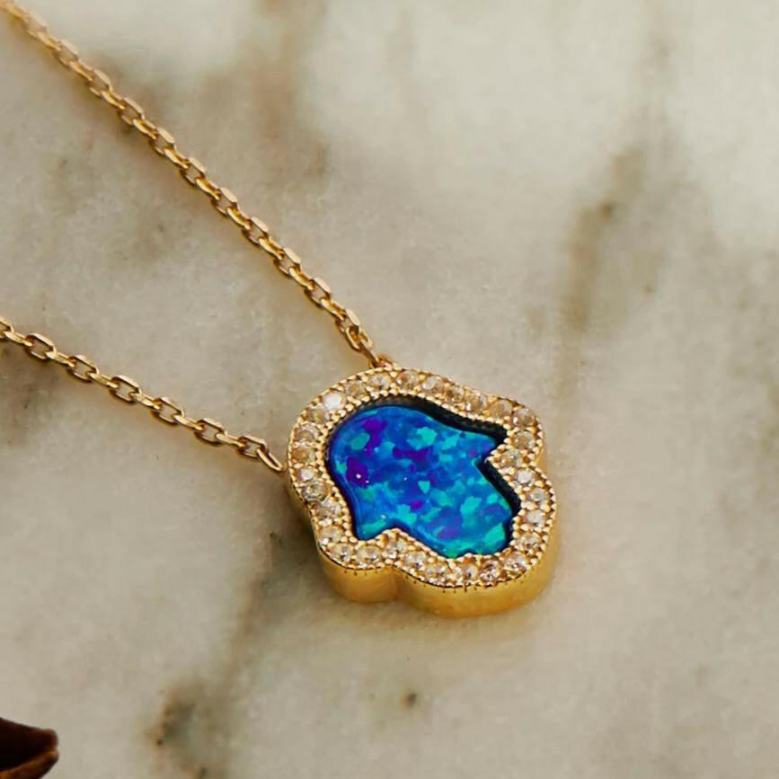 Hamsa Opalite Turquoise Blue Necklace Gold.