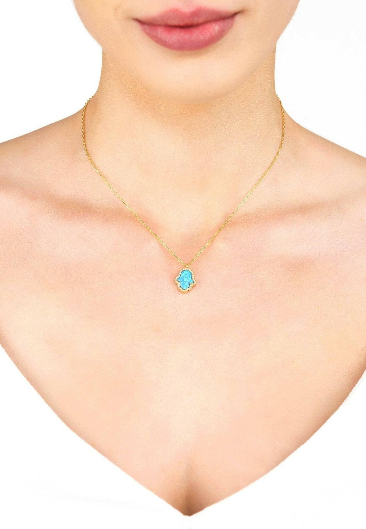 Hamsa Opalite Turquoise Blue Necklace Gold.