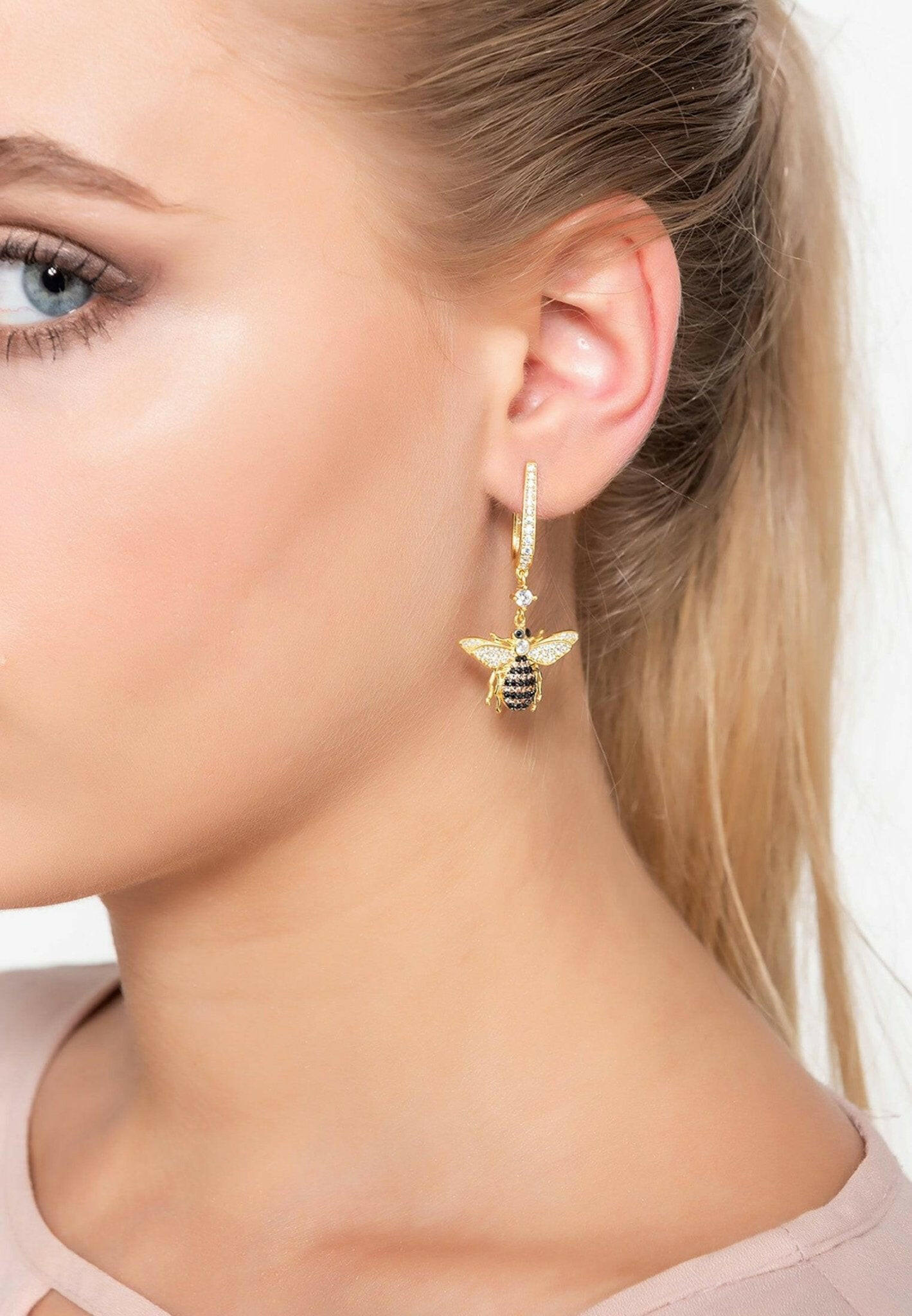 Honey Bee Drop Earrings Gold.