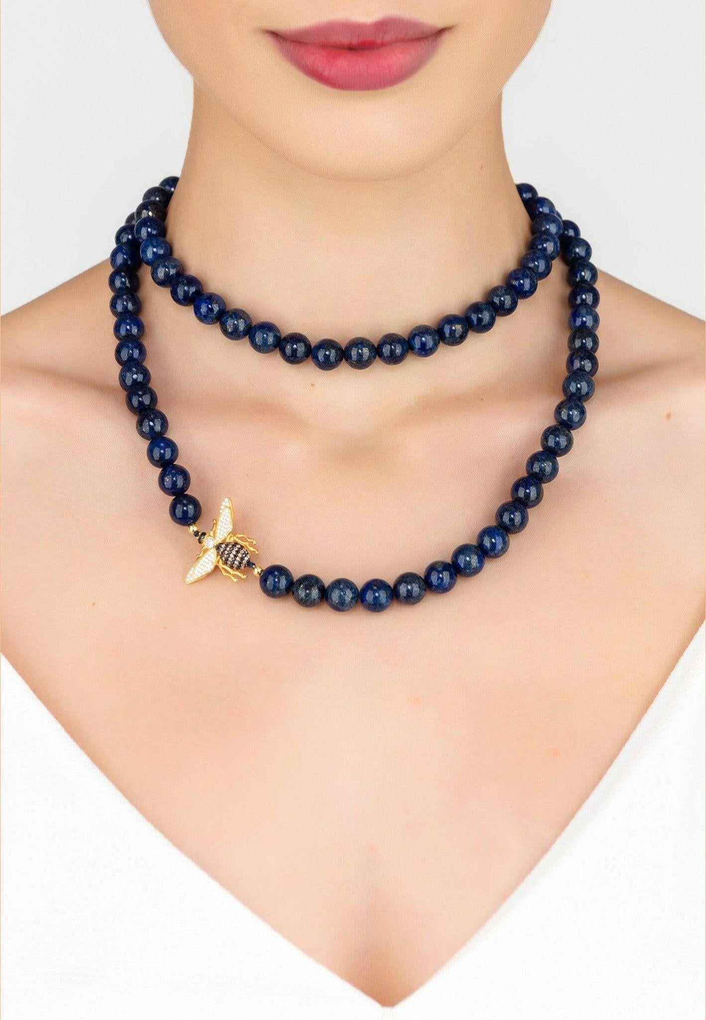 Honey Bee Lapis Lazuli Gemstone Long Necklace Gold.