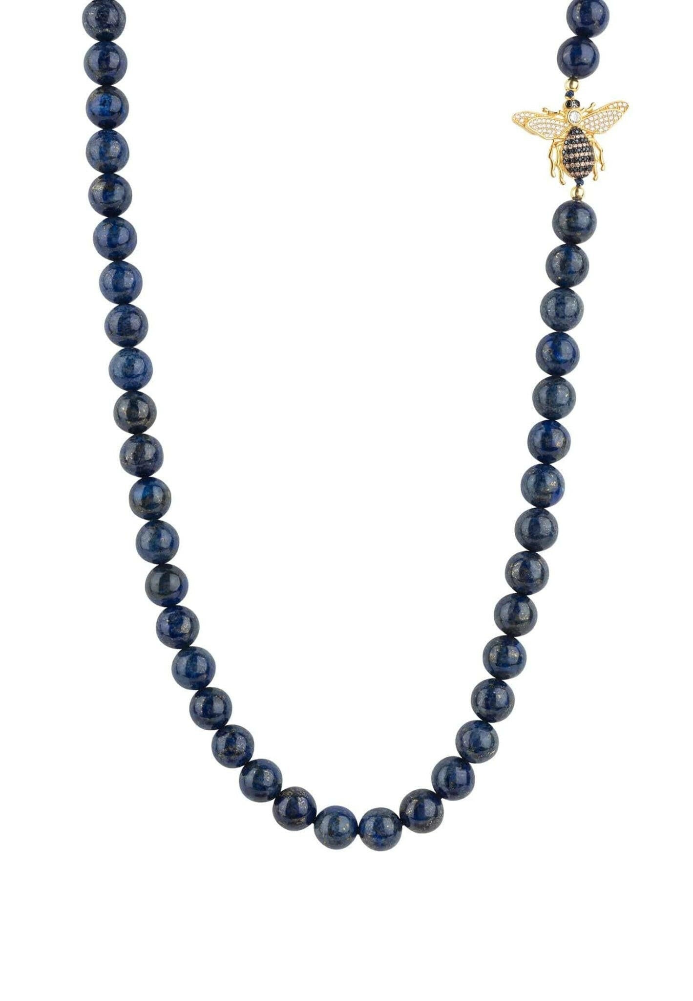 Honey Bee Lapis Lazuli Gemstone Long Necklace Gold.