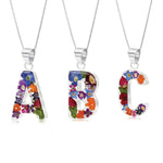 Initial necklace, Sterling silver Letters handmade with real Flowers.