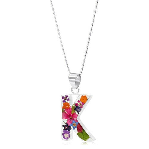 Initial necklace, Sterling silver Letters handmade with real Flowers.