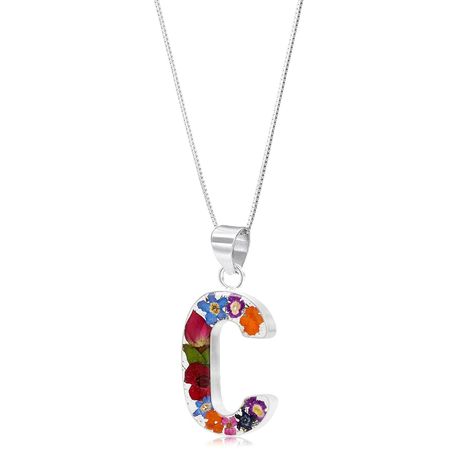 Initial necklace, Sterling silver Letters handmade with real Flowers.