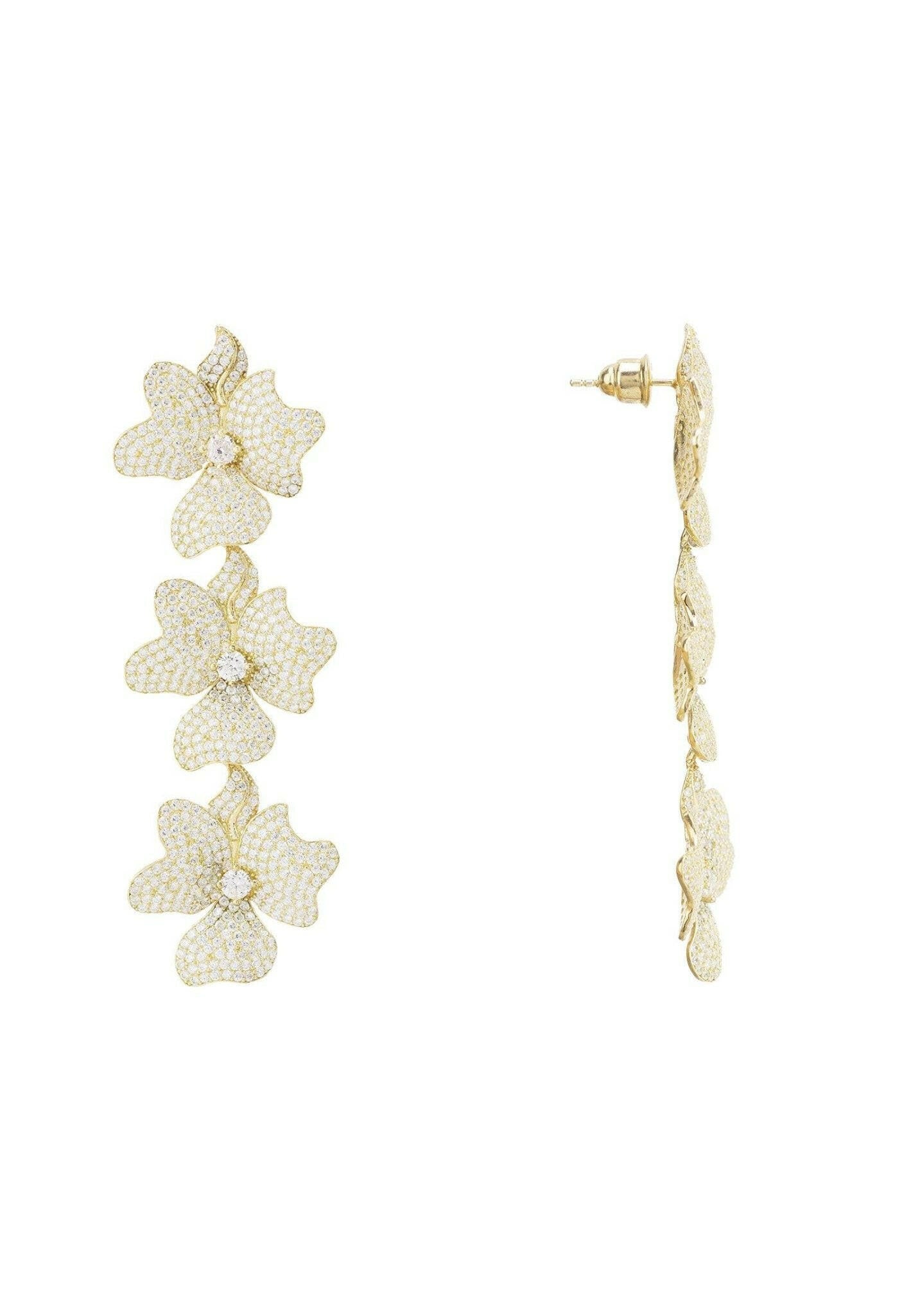 Jasmine Flower Triple Drop Earrings Gold.