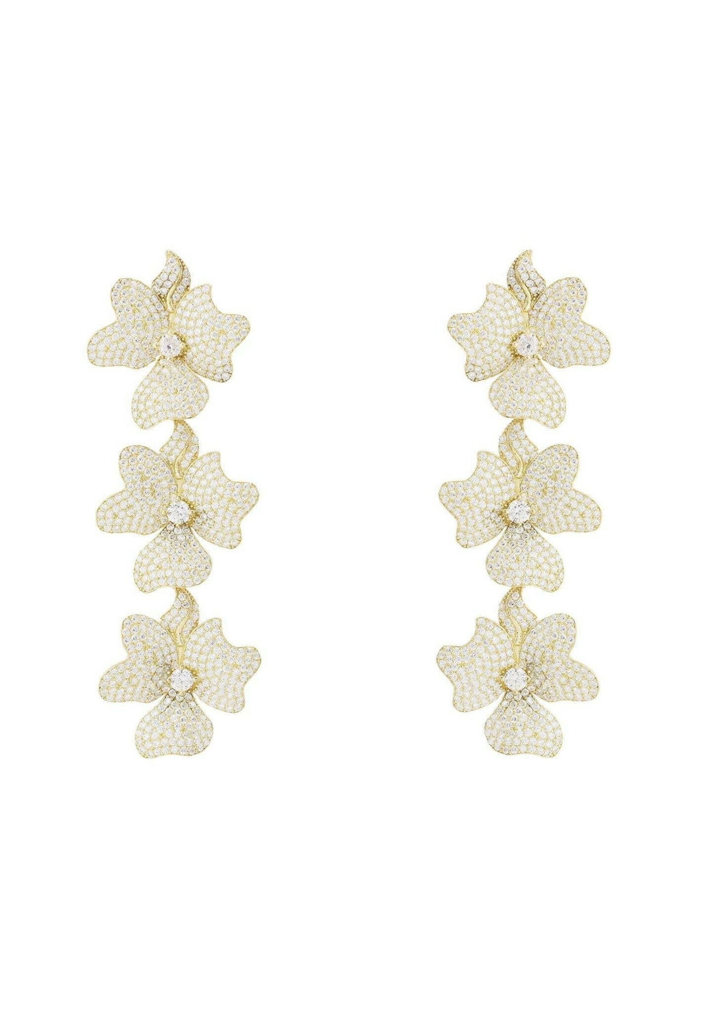 Jasmine Flower Triple Drop Earrings Gold.