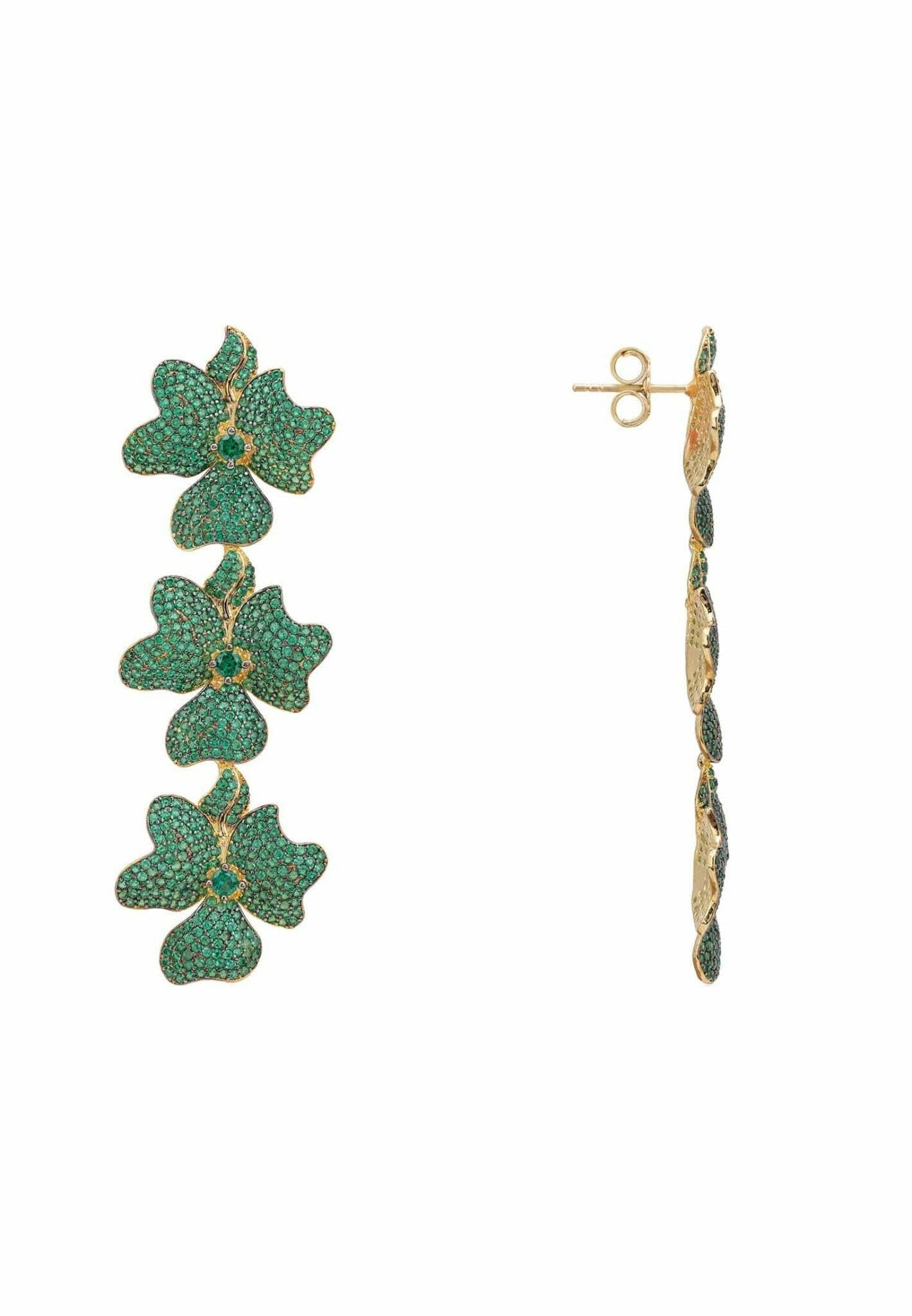 Jasmine Flower Triple Drop Earrings Gold Emerald Green.