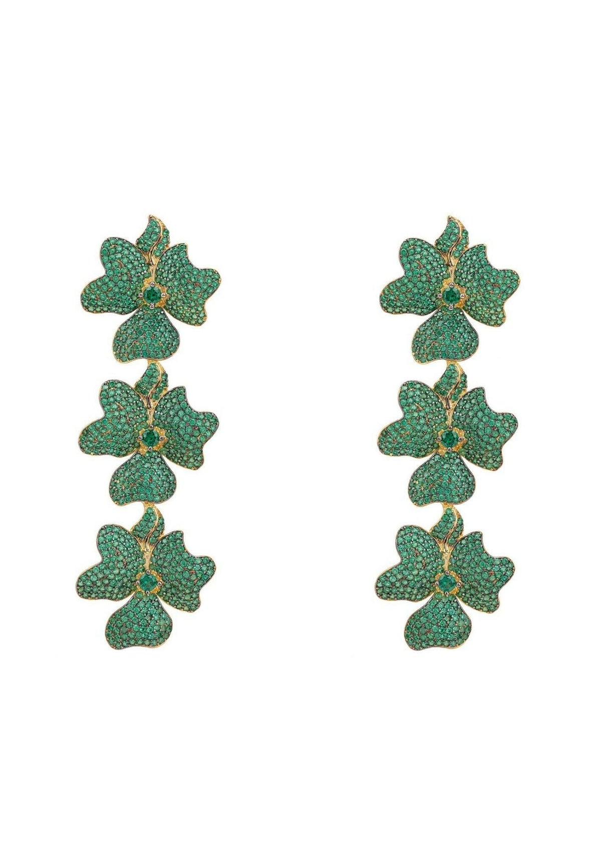 Jasmine Flower Triple Drop Earrings Gold Emerald Green.