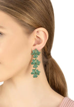 Jasmine Flower Triple Drop Earrings Gold Emerald Green.