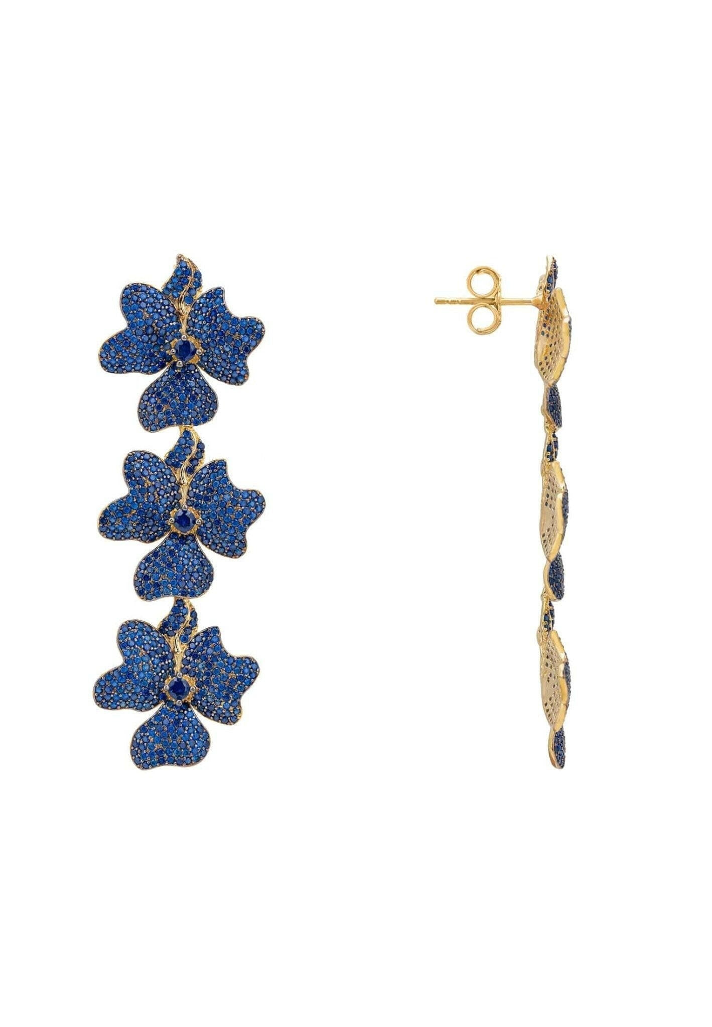 Jasmine Flower Triple Drop Earrings Gold Sapphire Blue.