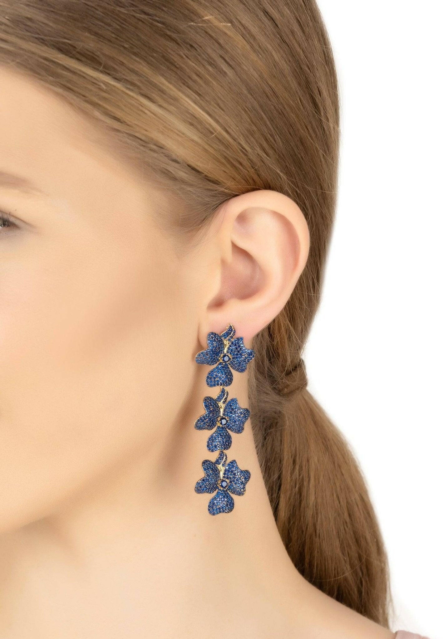 Jasmine Flower Triple Drop Earrings Gold Sapphire Blue.