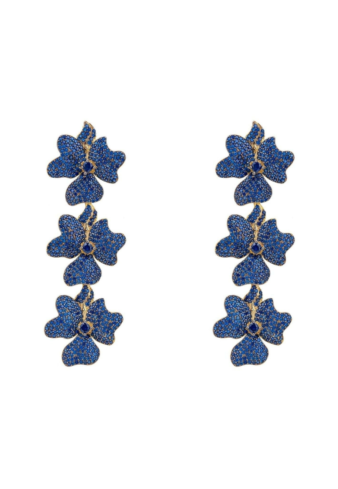 Jasmine Flower Triple Drop Earrings Gold Sapphire Blue.