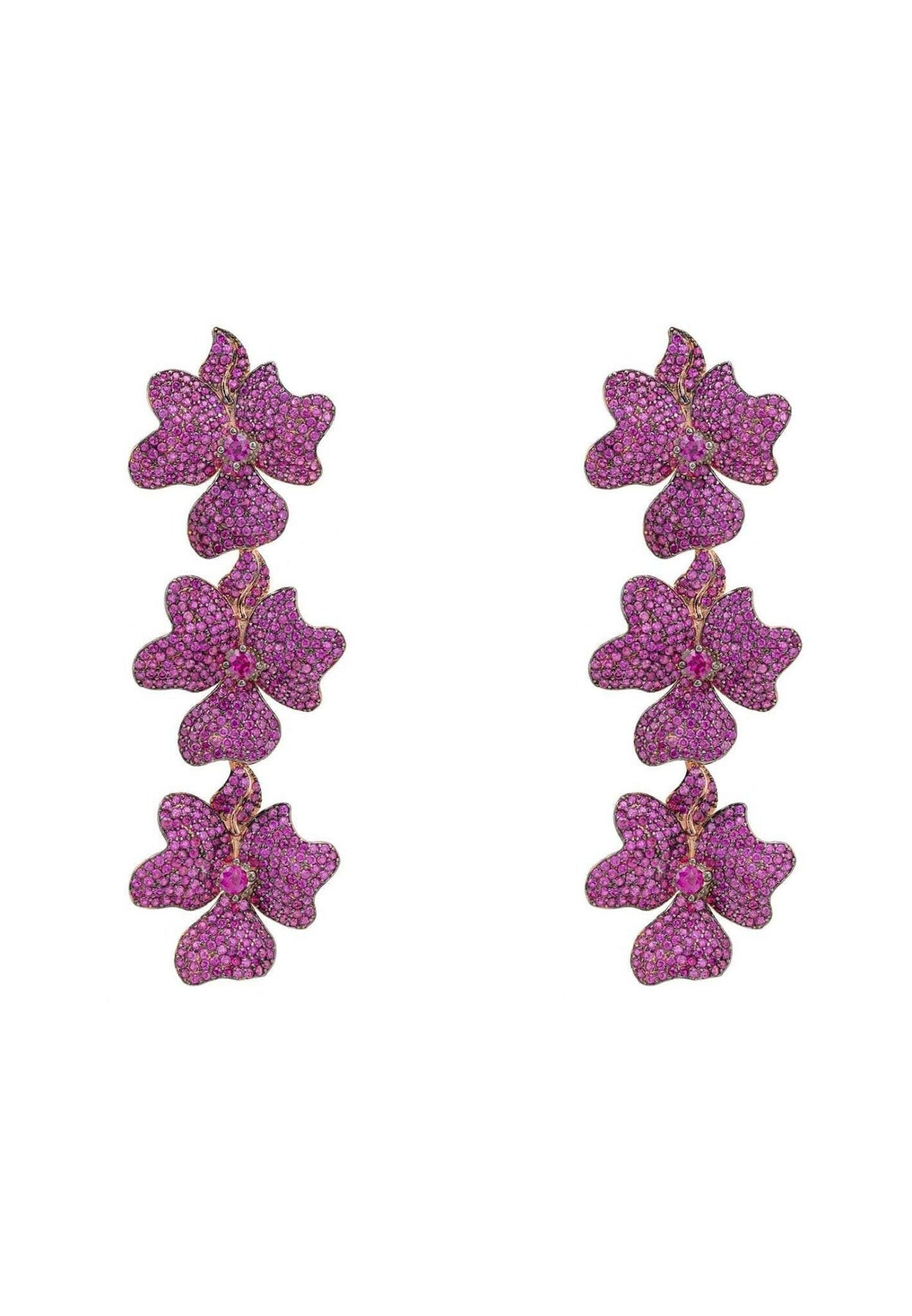 Jasmine Flower Triple Drop Earrings Rosegold Ruby.