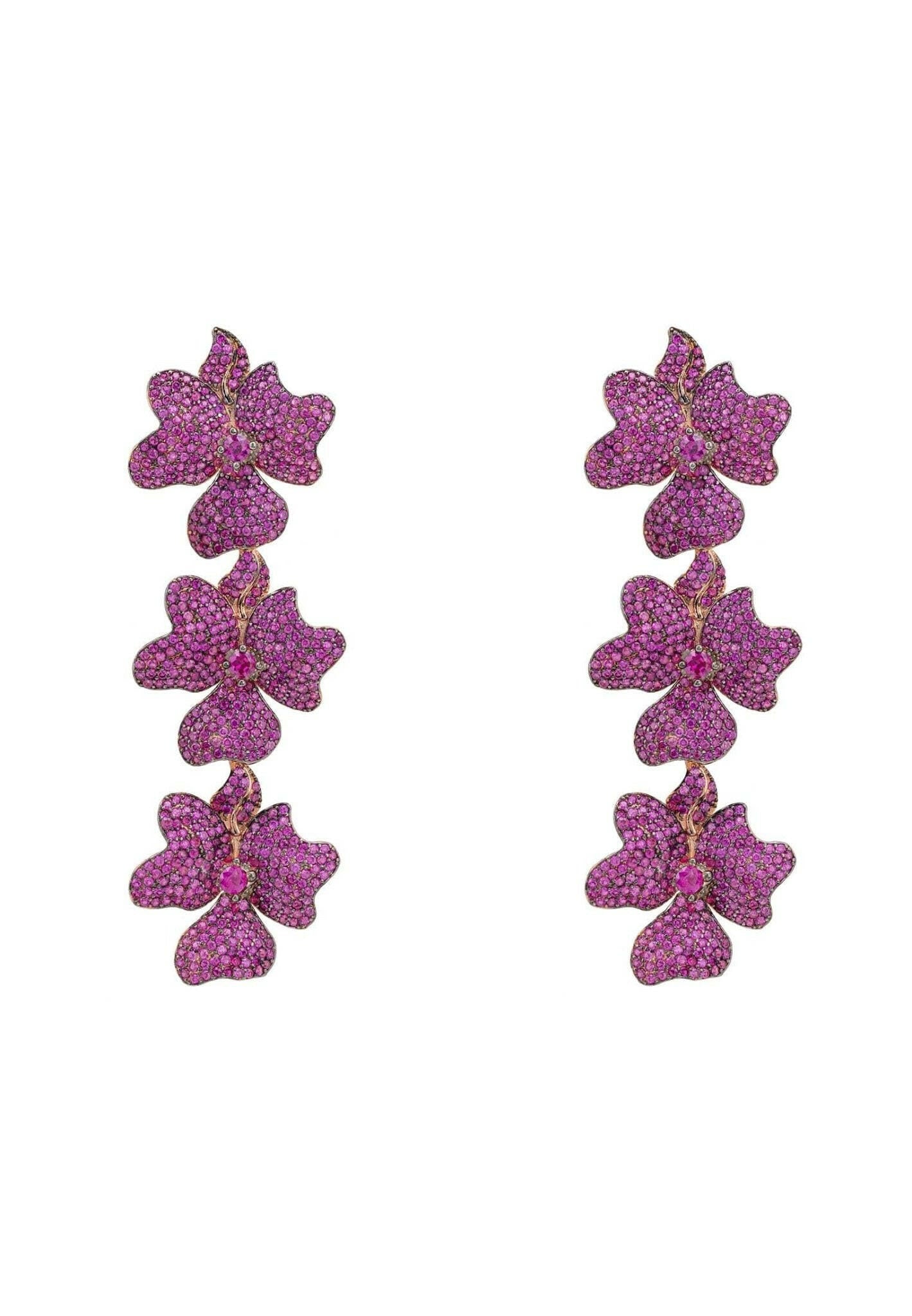 Jasmine Flower Triple Drop Earrings Rosegold Ruby.